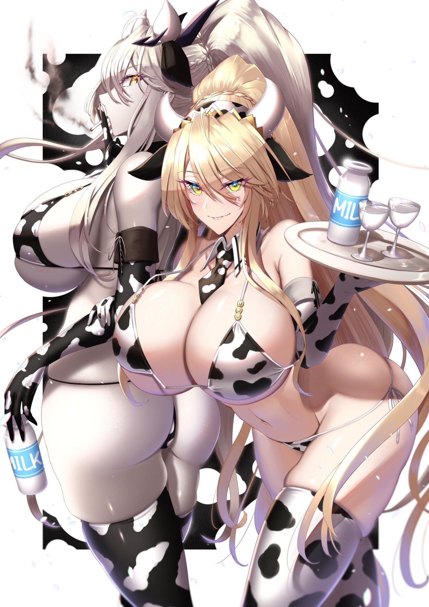 2021, 2girls, ahoge, armpit crease, artoria pendragon, artoria pendragon (lancer alter), artoria pendragon (lancer), artoria pendragon (swimsuit ruler), ass, ass cheeks, ass shot, back view, barely contained, bikini, blonde hair, blush, breasts, cleavage, cow ears, cow girl, cow horns, cow print, cow print armwear, cow print bikini, cow print thighhighs, detached collar, facing away, fate (series), fate/grand order, female, female focus, female only, front view, glass, gloves, green eyes, hi res, hips, holding object, huge ass, huge breasts, leaning forward, light skin, light-skinned female, long gloves, long hair, long ponytail, looking at viewer, looking over shoulder, lowleg bikini, mature female, micro bikini, milk, milk bottle, naughty face, necktie, pale skin, pale-skinned female, ponytail, royalty, serving tray, shiroshisu, side-tie bikini, sideboob, simple background, skindentation, smile, smiling at viewer, suggestive look, swimsuit, thick thighs, thighhighs, thighs, underboob, white background, white hair, wide hips, yellow eyes