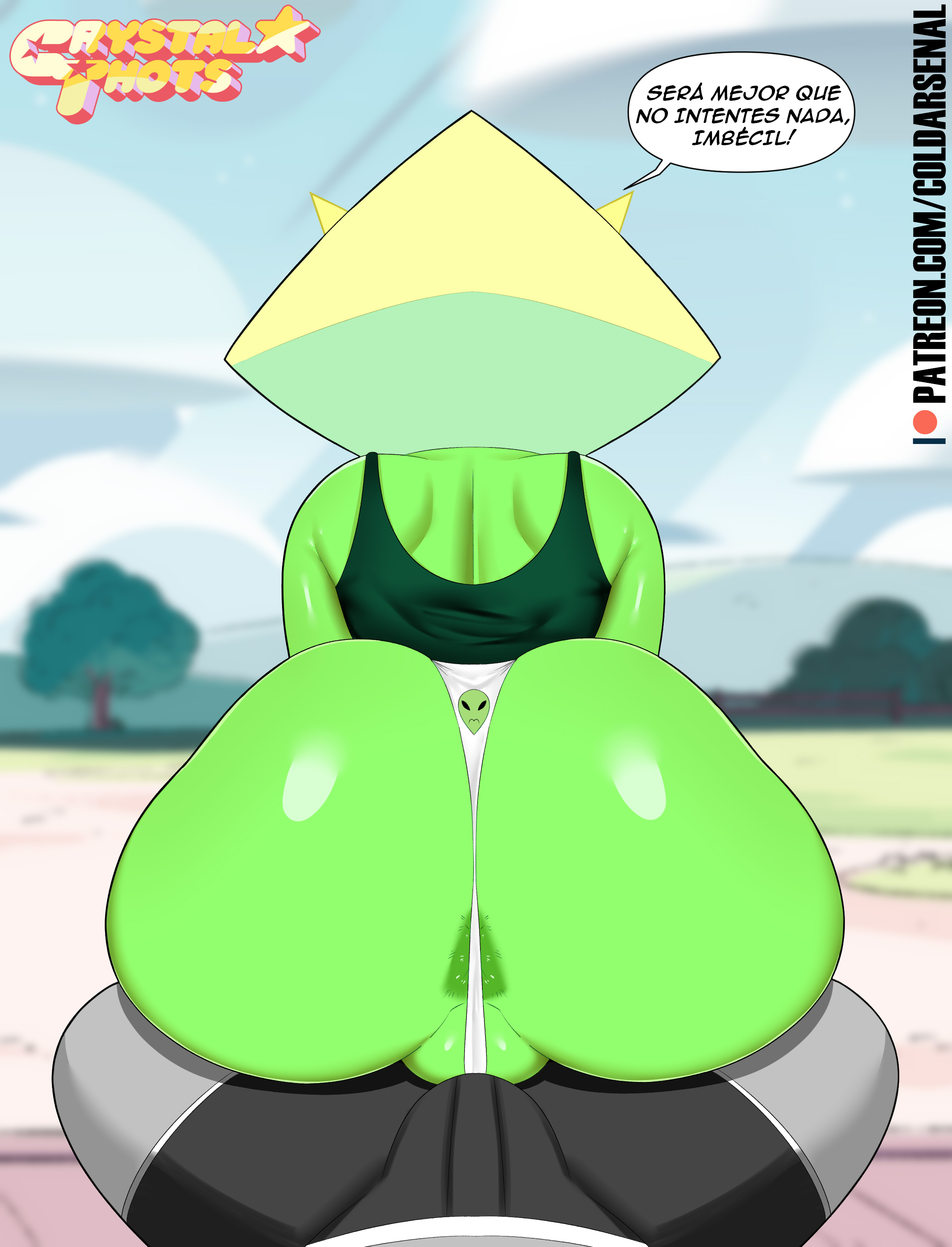 1boy, 1girls, absurd res, alien, alien girl, anus, anus peek, ass, assjob, back view, big ass, big butt, bottom heavy, boxers, bubble ass, bubble butt, bulge, buttjob, cartoon network, coldarsenal, crystal thots, dialogue, edit, fat ass, fat butt, female, female focus, gem (species), green skin, highres, huge ass, huge butt, large ass, large butt, male, male pov, panties, peridot (steven universe), pov, spanish text, steven universe, steven universe future, teasing, text, text bubble, thick ass, thong, triangular anus, wide hips, yellow hair