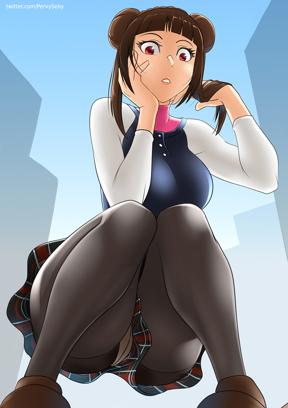 1girls, atlus, brown hair, crossover, crouching, female, fully clothed, makoto niijima, nintendo, persona, persona 5, pokemon, pokemon bw, pokemon bw2, rosa (pokemon), upskirt