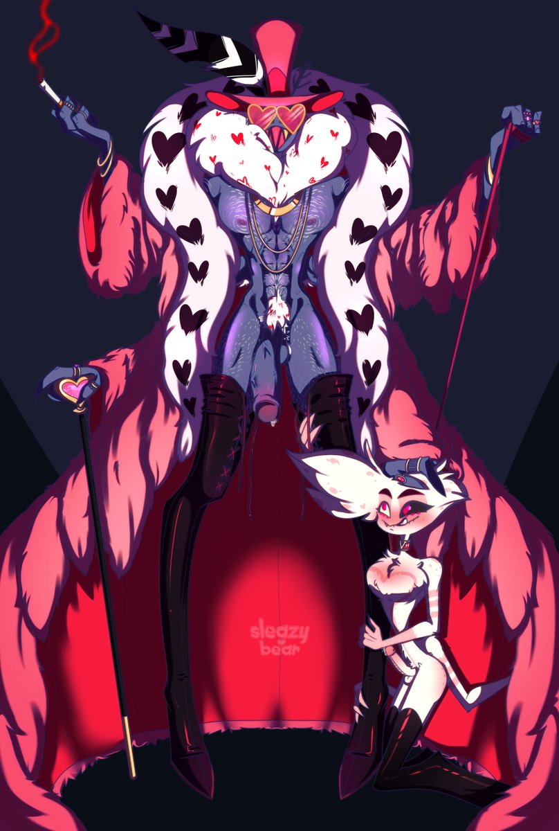 2boys, 4 arms, abs, angel dust (hazbin hotel), balls, big penis, blush, boot fetish, bottomless, cane, chest hair, chest tuft, cigarette, coat, collar, demon, erect penis, erection, flaccid, gay, hand on head, hands on legs, hazbin hotel, kneeling, leash, leash and collar, leash pull, licking, licking lips, looking at viewer, looking up, male, male only, multi arm, multi limb, muscular, naked, nude, on knees, pecs, penis, precum, pubic hair, purple skin, shades, sharp teeth, sleazy bear, smile, smiling, smoke, smoking, spider, standing, thighhighs, thighs, tongue, tongue out, valentino (hazbin hotel), white fur, white hair