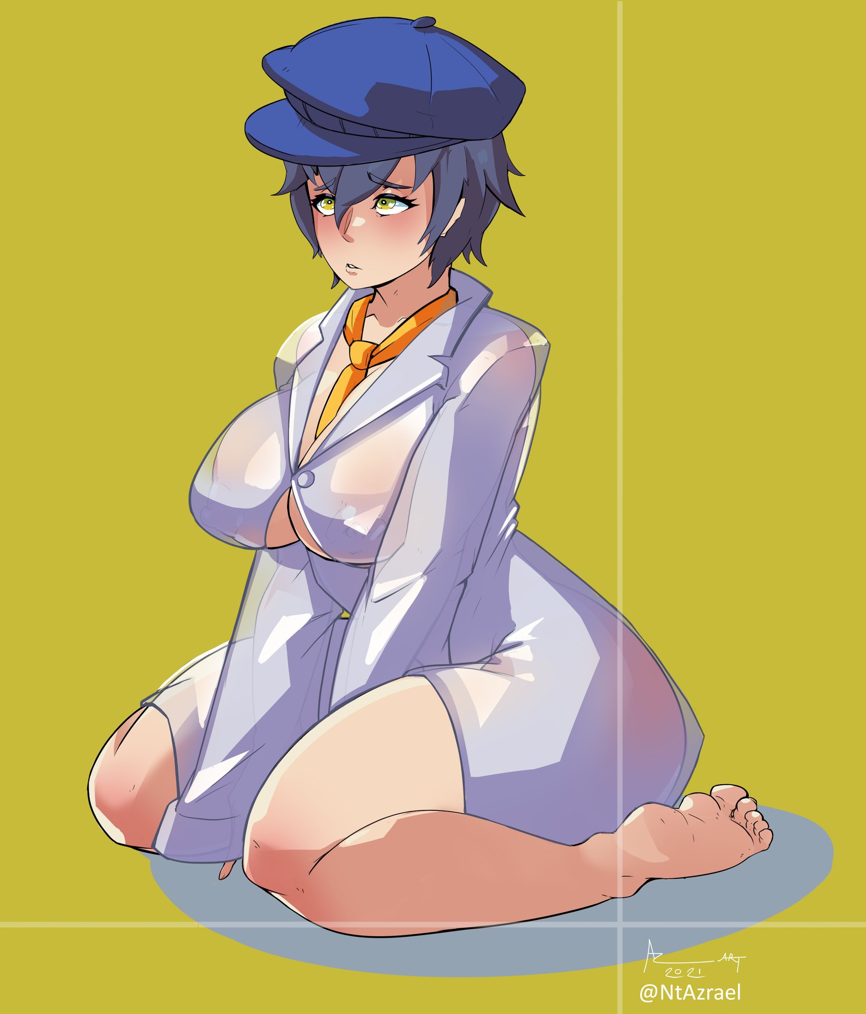 blue hair, breasts, clothed, crouching, female, labcoat, ntazrael, persona, persona 4, see-through, see-through clothing, shadow naoto, shadow self (persona), shirogane naoto, tie, underboob, yellow eyes