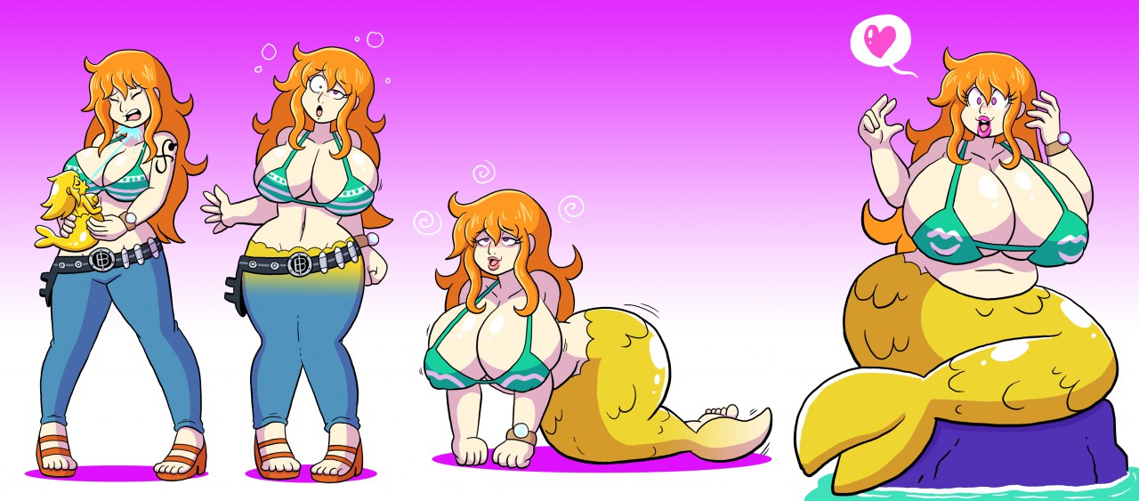 1girls, belly ex, bimbo, bimbofication, bra, brainwashing, breast expansion, breast growth, breast growth (enlargement), breasts, cleavage, comic, fat, female, female only, human, identity death, merfolk, mermaid, mermaid tail, nami (one piece), one piece, orange hair, overweight, prinnydood, shounen jump, slightly chubby, solo, solo female, tagme, transformation, transformation sequence, weight gain