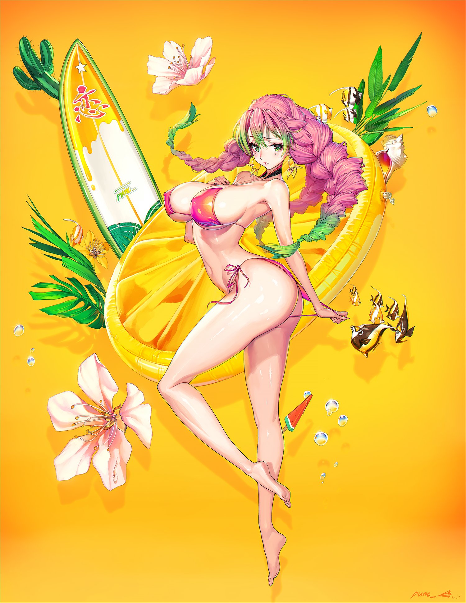 1girls, barefoot, bikini, bikini pull, braided hair, breasts, demon slayer, female, full body, hourglass figure, huge breasts, kanroji mitsuri, kimetsu no yaiba, mole under eye, pink bikini, pink hair, punc p, side view, solo, surfboard, swimsuit, tri tails, two-tone hair, yellow background