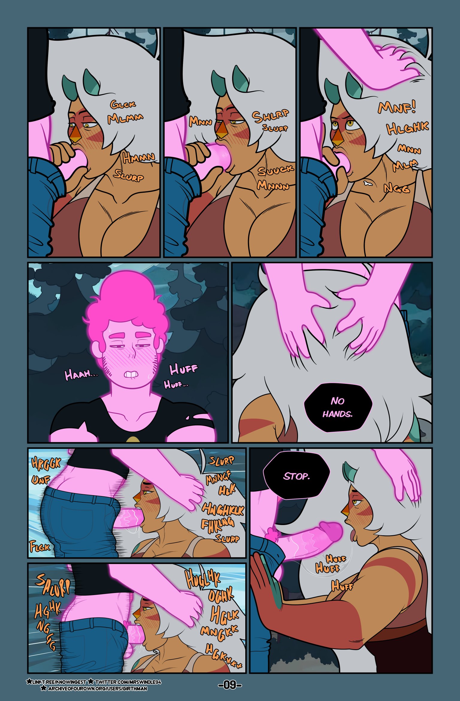 cartoon network, comic, comic page, dark kaje, english text, face fucking, female, fragments (steven universe future), gem (species), handjob, horns, jasper (steven universe), long hair, male, mrswindle94, muscular, muscular female, orange skin, page 9, page number, penis, steven quartz universe, steven universe, steven universe future, tagme, white hair