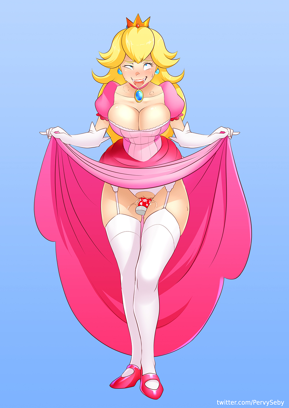 1girls, ahe gao, blonde hair, blush, breasts, cleavage, dildo, dildo in pussy, dress lift, female, female only, fully clothed, large breasts, mario (series), nintendo, no panties, oo sebastian oo, princess peach, pussy, rolling eyes, solo, vaginal penetration