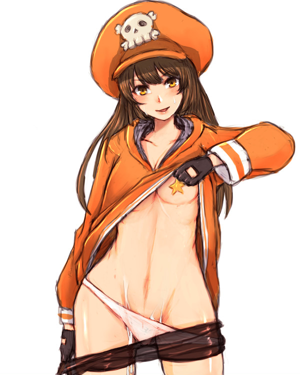 1girls, auburn eyes, breasts, brown eyes, brown hair, cum, female, guilty gear, guilty gear strive, may (guilty gear), pants down, pants pulled down, presenting, presenting breasts, pulling down pants, pulling panties