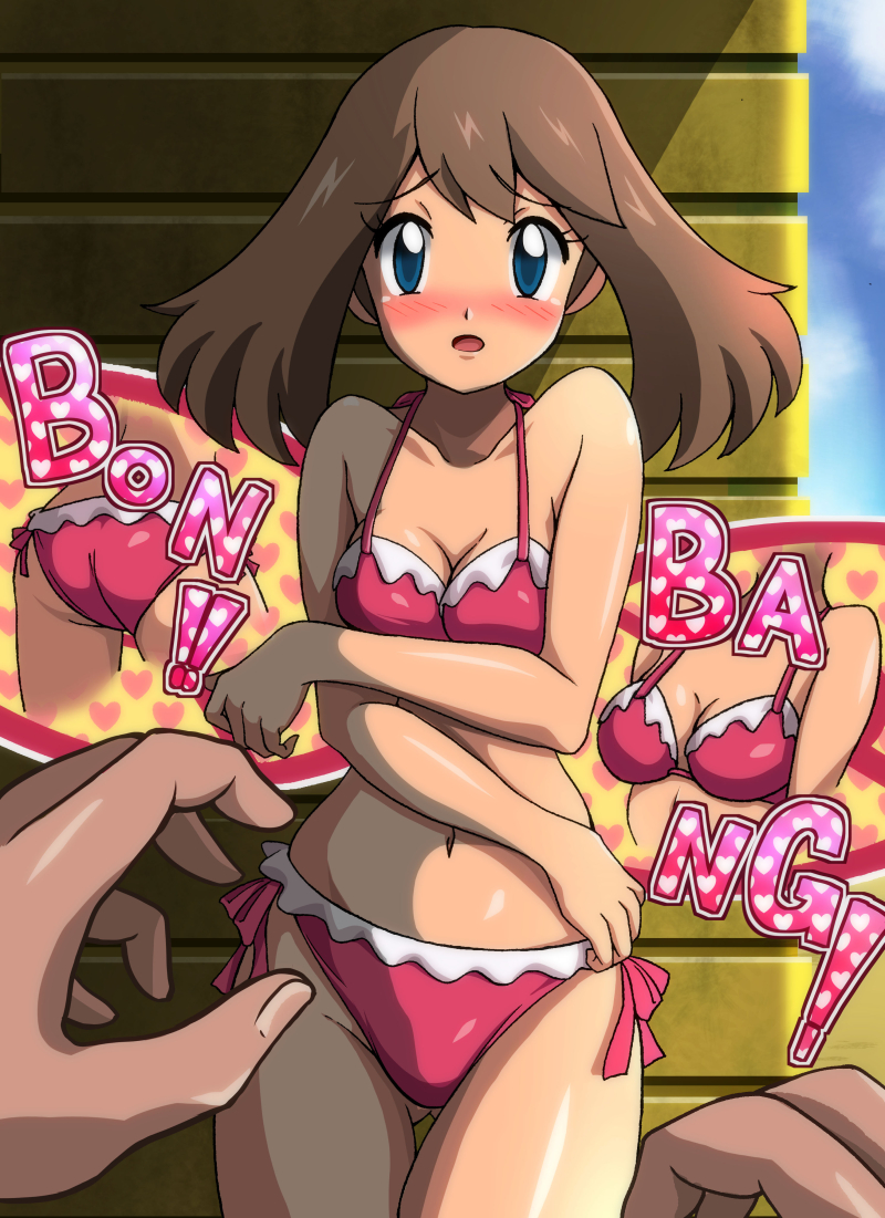 1boy 1girls ass_visible_through_thighs bikini blue_eyes blush breasts clothing female human human_female imminent_rape kohta_(artist) looking_at_viewer male male_pov may_(pokemon) outdoor outside pokemon pokemon:_lucario_and_the_mystery_of_mew pokemon_(movie) pokemon_rse side-tie_bikini small_breasts standing swimsuit