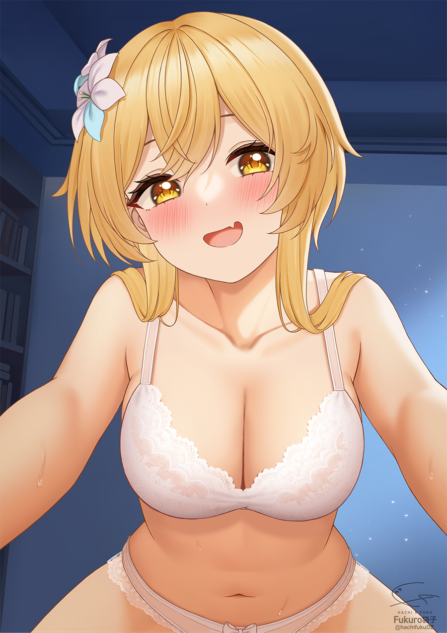 1girls, bedroom, belly, belly button, blonde hair, blush, bra, breasts, collarbone, cowgirl position, fangs, female, fukuro ko (greentea), genshin impact, hi res, large breasts, looking at viewer, lumine (genshin impact), male, male pov, panties, pov, pov eye contact, smile, sweat, underwear, white bra, white panties, yellow eyes