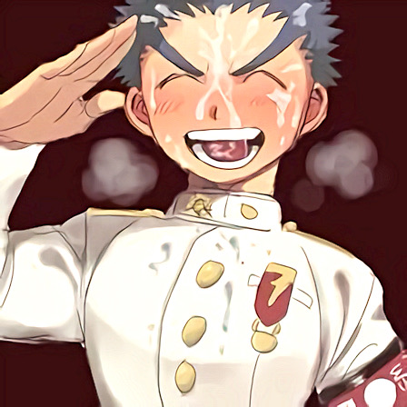 armband blush blushing color cum cum_on_face danganronpa gay gray_hair happy_face happy_facial kiyotaka_ishimaru medal military_uniform purple_hair salute saluting smile smooth_skin uniform wide_smile yaoi