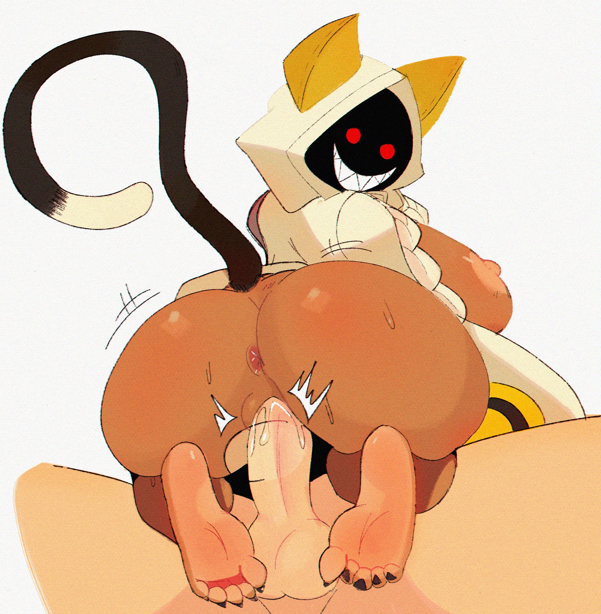 1boy, 1girls, animal humanoid, anus, ass, big areola, big breasts, big nipples, black nail polish, black nails, blazblue, breasts, breasts out, brown body, brown skin, bubble ass, bubble butt, cat ears, cat humanoid, cat tail, clothes, clothing aside, cowgirl position, dark body, dark skin, dark-skinned female, feet, felid humanoid, feline humanoid, female, female focus, female on top, female penetrated, foot fetish, highlighted soles, hood, hoodie, huge breasts, light nipples, male, male on bottom, male/female, nail, nail polish, nails, nipples, pussy, red eyes, sex, shark teeth, sharp nails, sharp teeth, smile, tail, taokaka, toes, vagina, vaginal penetration, velveteksotica, video games, white skin