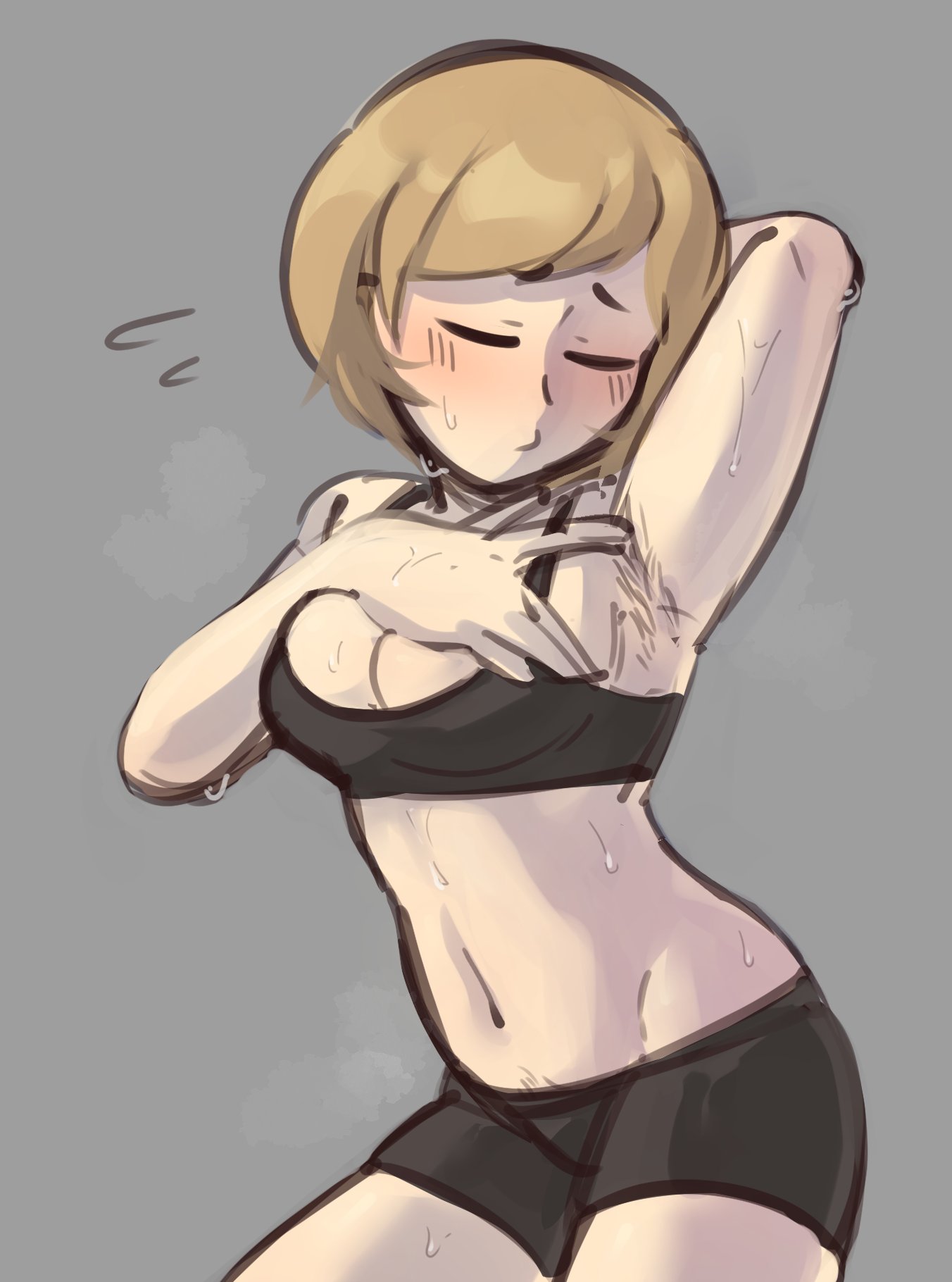 1girls armpit_fetish armpit_hair armpits atlus bike_shorts brown_hair dankmaths hairy_armpits persona persona_4 presenting_armpit satonaka_chie short_hair solo sports_bra sweat sweaty