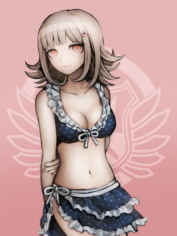 1girls, bare arms, bare midriff, bare shoulders, belly, blush, blushing, breasts, cleavage, danganronpa, danganronpa 2: goodbye despair, female, female only, frills, front-tie top, hair ornament, hands behind back, human, human only, light skin, light-skinned female, maid, maid bikini, maid outfit, maid uniform, medium breasts, nanami chiaki, navel, official style, pink background, pink eyes, red eyes, sasanoha, short hair, shy, shy smile, side-tie bottom, smile, smiling, solo, solo female, stomach, straight hair