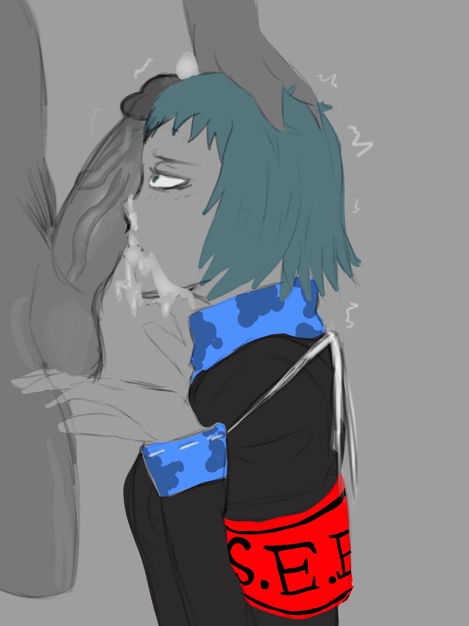 1boy, 1girls, after oral, after sex, armband, armwear, atlus, clothing, cum, cum in mouth, cum inside, female, fuuka yamagishi, green hair, grey body, human, male, mobi mobi, pale skin, penis, penis on face, persona, persona 3, rape, short hair, yamagishi fuuka