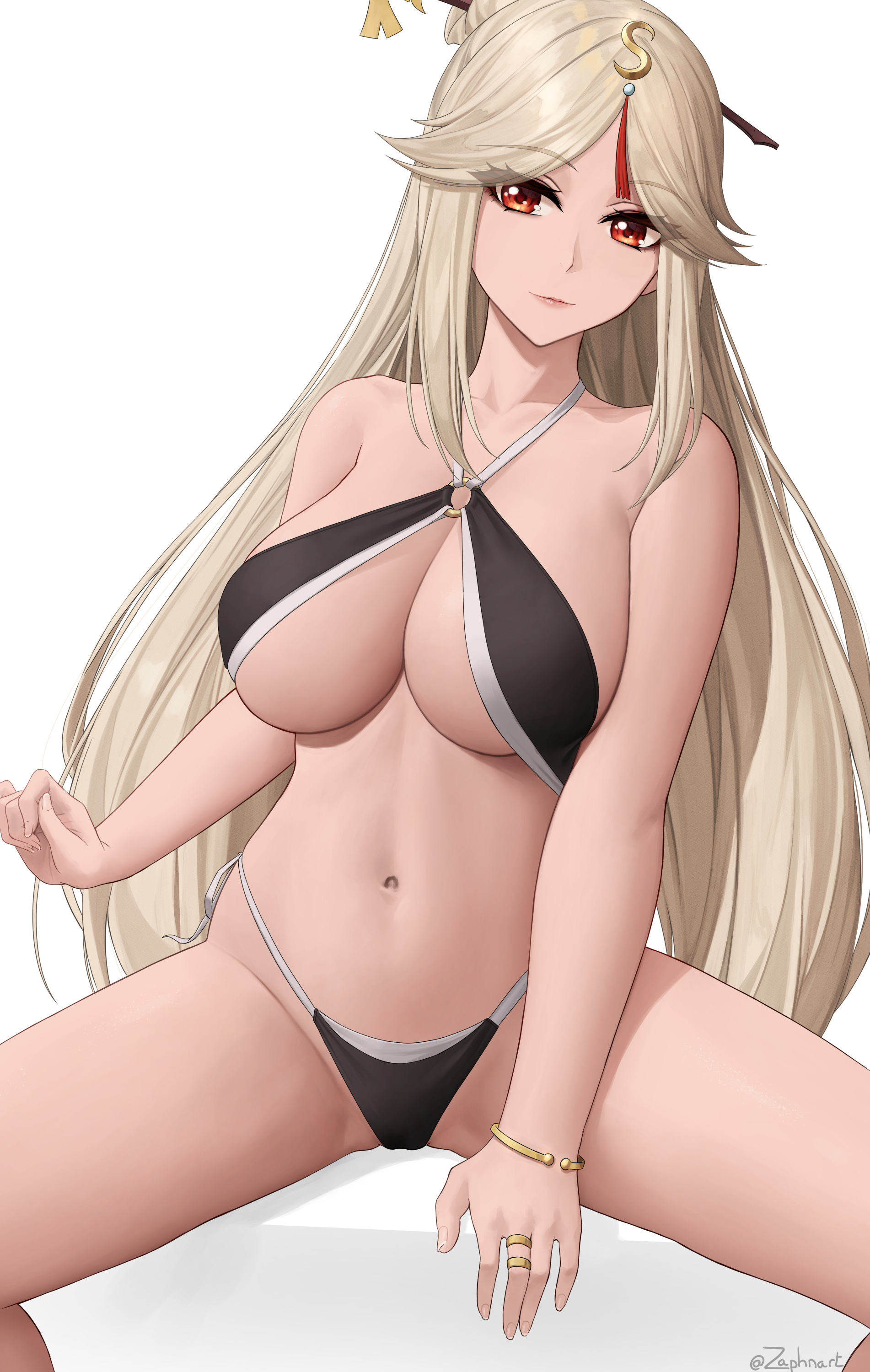 1girls, big breasts, bikini, breasts, female, female only, genshin impact, large breasts, long hair, midriff, ningguang (genshin impact), red eyes, sitting, solo, solo female, spread legs, swimsuit, thick, thighs, thong, thong bikini, underboob, voluptuous, white hair, zaphn