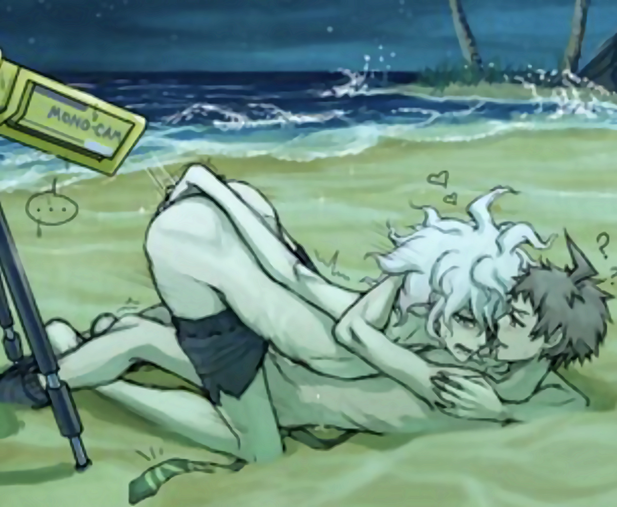 beach, brown hair, camera, danganronpa, danganronpa 2: goodbye despair, gay, hinata hajime, male, nagito komaeda, smooth skin, white hair, yndr4hope