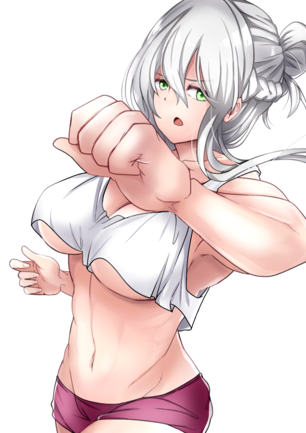 1girls angry bare_midriff cleavage effie_(fire_emblem) fight fighting_stance fire_emblem fire_emblem_fates green_eyes grey_hair large_breasts looking_back messy_hair midriff muscular muscular_female nintendo open_mouth shorts silver_hair solo solo_female tank_top toned toshimasa underboob white_background