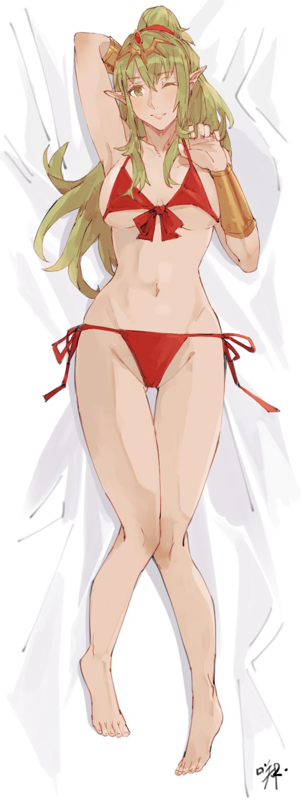 1girls ;d alternate_costume arm_behind_head bare_legs bikini breasts dakimakura dakimakura_design fire_emblem fire_emblem_awakening green_eyes green_hair highres large_breasts looking_at_viewer lying nintendo on_back one_eye_closed open_mouth pointy_ears ponytail red_bikini red_swimsuit sakuremi sideboob smile solo solo_female swimsuit tiki_(adult)_(fire_emblem) tiki_(fire_emblem) underboob