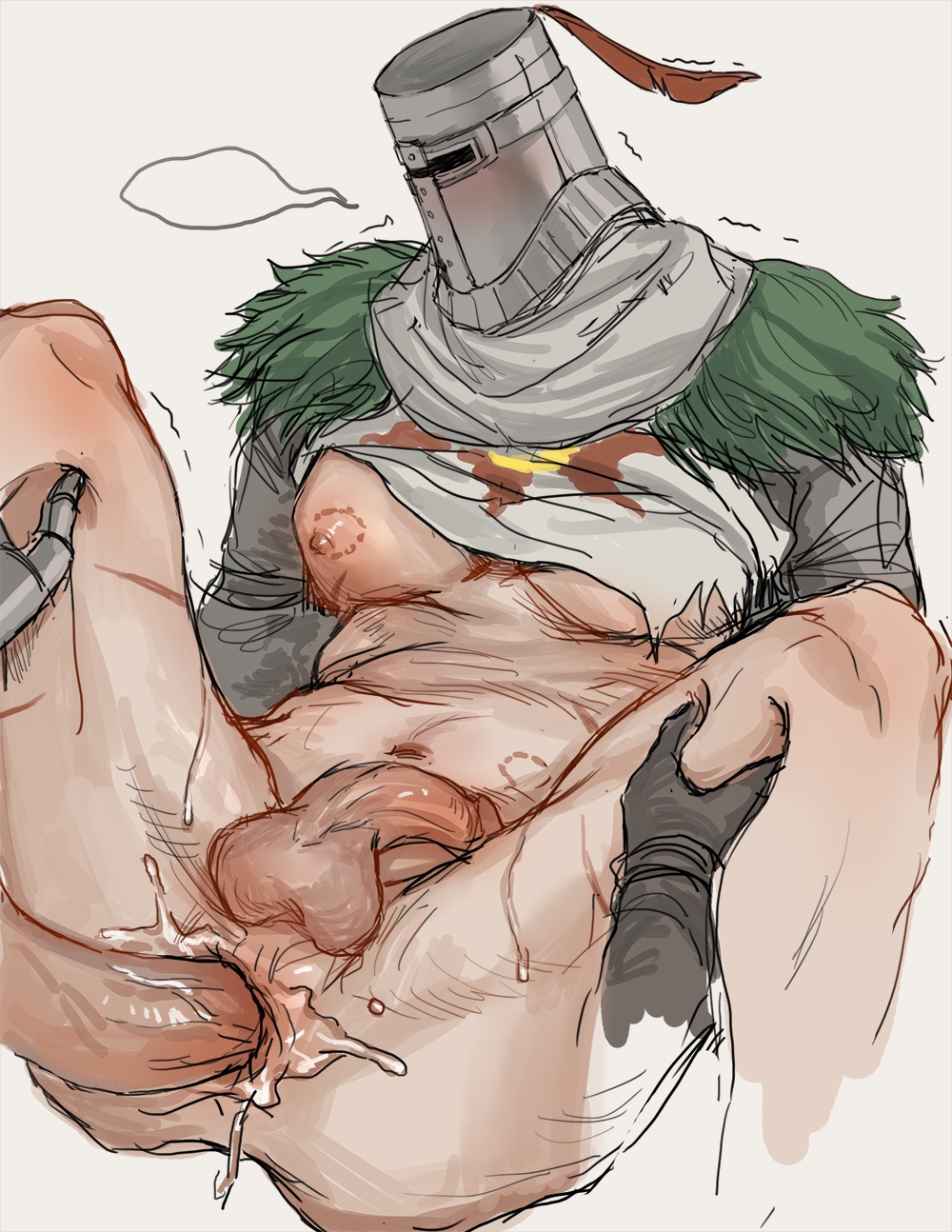 2boys anal anal_sex bite_mark blush bottomless cum_in_ass dark_souls embarrassed flaccid_while_penetrated fromsoftware gay helmet knight legs_held_open male_only masked masked_male pilgrim_(silentreverie) shirt_up solaire_of_astora solo_focus spread_legs uncensored yaoi