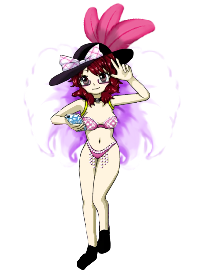 2husamba breasts cellphone edit feathers female green_bikini hat jewelry medium_breasts official_art pearl_(gem) pink_bikini red_glasses revealing_clothes samba sumireko_usami touhou zun_(jun'ya_ota)