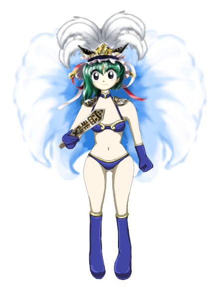 2husamba boots edit eiki_shiki feathers female green_bikini jewelry medium_breasts official_art pearl_(gem) revealing_clothes rod_of_remorse samba touhou zun_(jun'ya_ota)