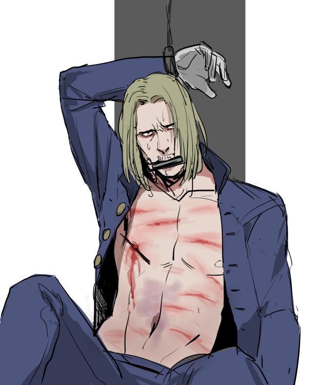 blonde_hair blood bloodborne bruise bruised cuts fromsoftware gag gagged helmet_removed injury looking_at_viewer male male_only malesub open_jacket open_shirt restrained reverse_ryona solo sweat valtr_master_of_the_league whip_marks wounded