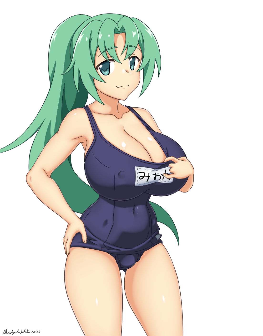 07th expansion, 1girls, abridged-satoko, alternate costume, breasts, cleavage, female, female only, higurashi no naku koro ni, higurashi no naku koro ni gou, large breasts, solo, solo female, sonozaki mion, swimsuit, swimsuit pull