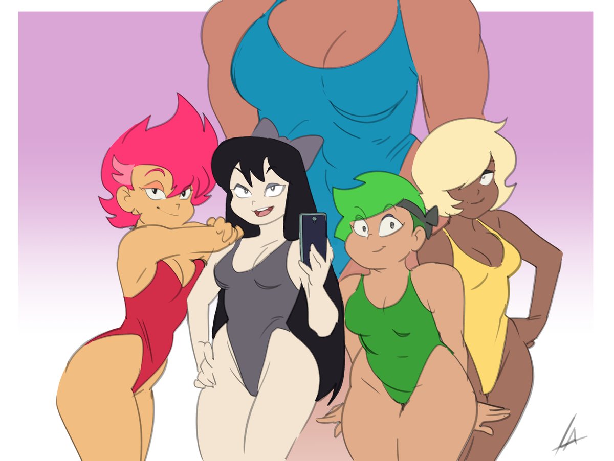 5girls black_hair black_strategy blonde_hair blue_power bow cartoon_network dark-skinned_female dark_swimsuit faceless_female female female_focus female_only green_guts green_hair green_one-piece_swimsuit green_swimsuit group hair_over_one_eye hairbow hips hue_troop hue_troopers leotard liefeldianabomination light-skinned_female long_black_hair long_hair multiple_girls ok_k.o.!_let's_be_heroes one-piece_swimsuit phone red_action red_hair red_one-piece_swimsuit red_swimsuit selfie short_blonde_hair short_green_hair short_hair swimsuit team yellow_hair yellow_one-piece_swimsuit yellow_swimsuit yellow_technique