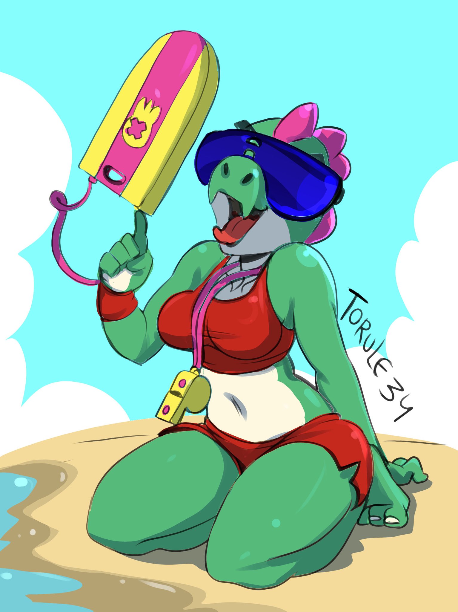 1girls, beach, blue sky, brawl stars, breasts, buzz (brawl stars), clothed, clothing, dinosaur, female, female only, glasses, green body, green skin, humanoid, lifeguard, open mouth, outdoors, public, red shorts, red topwear, rescue buoy, rule 63, sand, scales, scalie, shorts, spikes, spikes (anatomy), sunglasses, supercell, swimsuit, tongue, tongue out, topwear, torule34, water, whistle