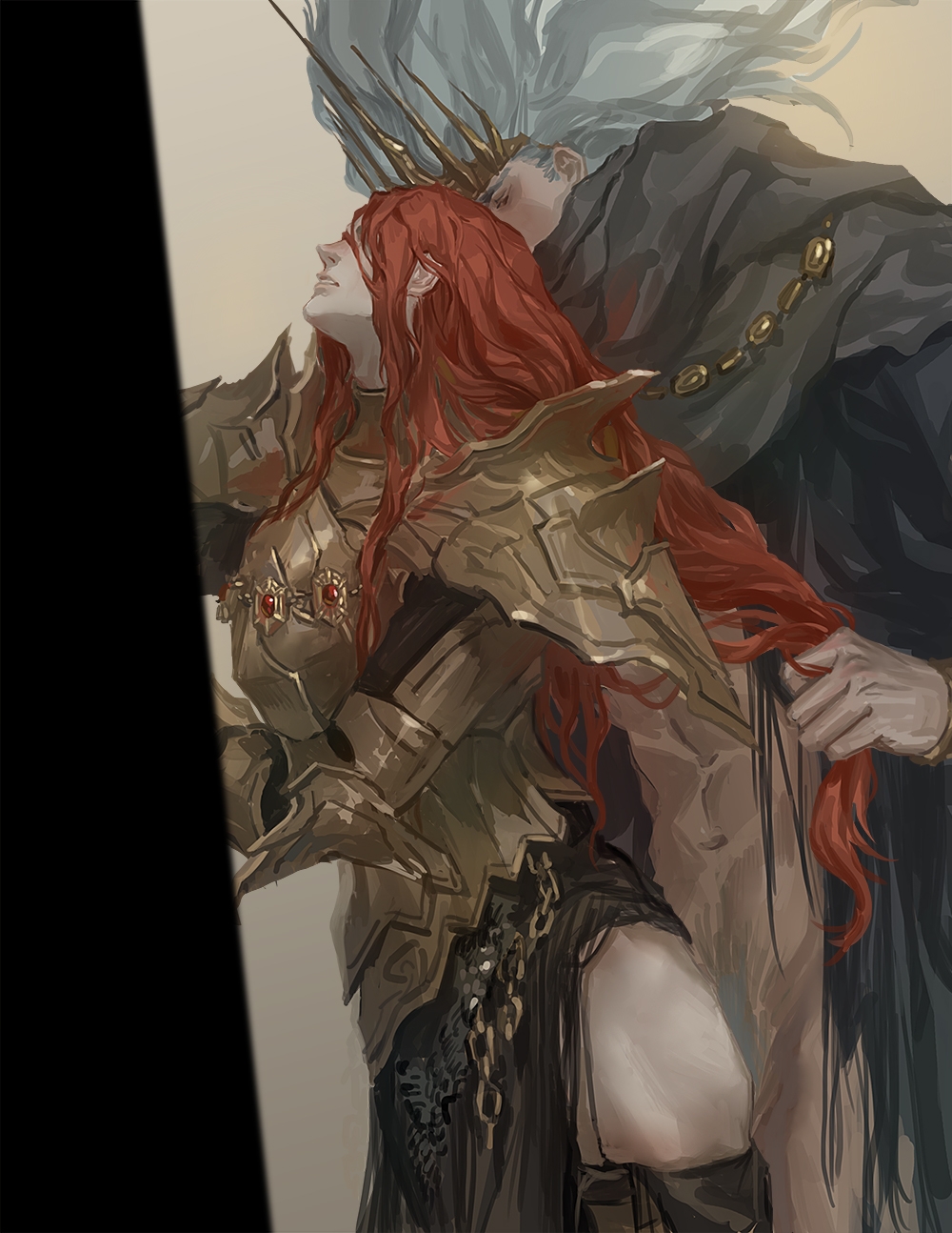 2boys anal_sex armor crown dark_souls dark_souls_3 deity detailed dragon_slayer_ornstein from_behind fromsoftware grey_hair hair_pull long_hair male_only nameless_king painting_(artwork) pants_down pilgrim_(silentreverie) red_hair standing very_long_hair yaoi