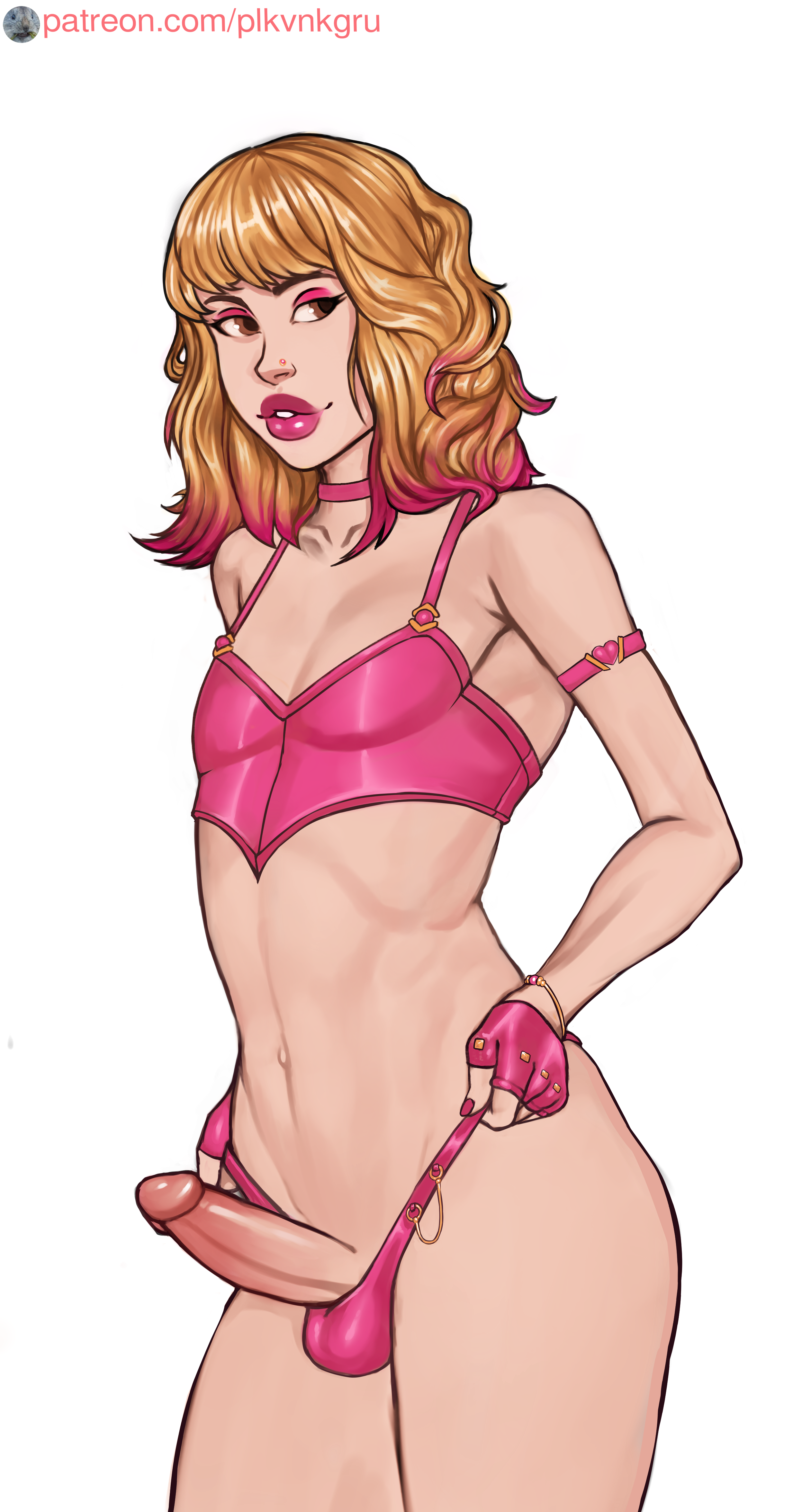 1boy, balls, big penis, blonde hair, choker, collar, curvy, digital media (artwork), erect penis, erection, femboy, fingerless gloves, flat chest, functionally nude, girly, hi res, light skin, lipstick, long hair, looking at viewer, makeup, male, male focus, male only, multicolored hair, navel, penis, pink hair, plkvnk, polkovnikgru, pose, posing, presenting, presenting hindquarters, presenting penis, simple background, solo, solo focus, solo male, standing, testicles, thick thighs, thighs, thong, trap, white background