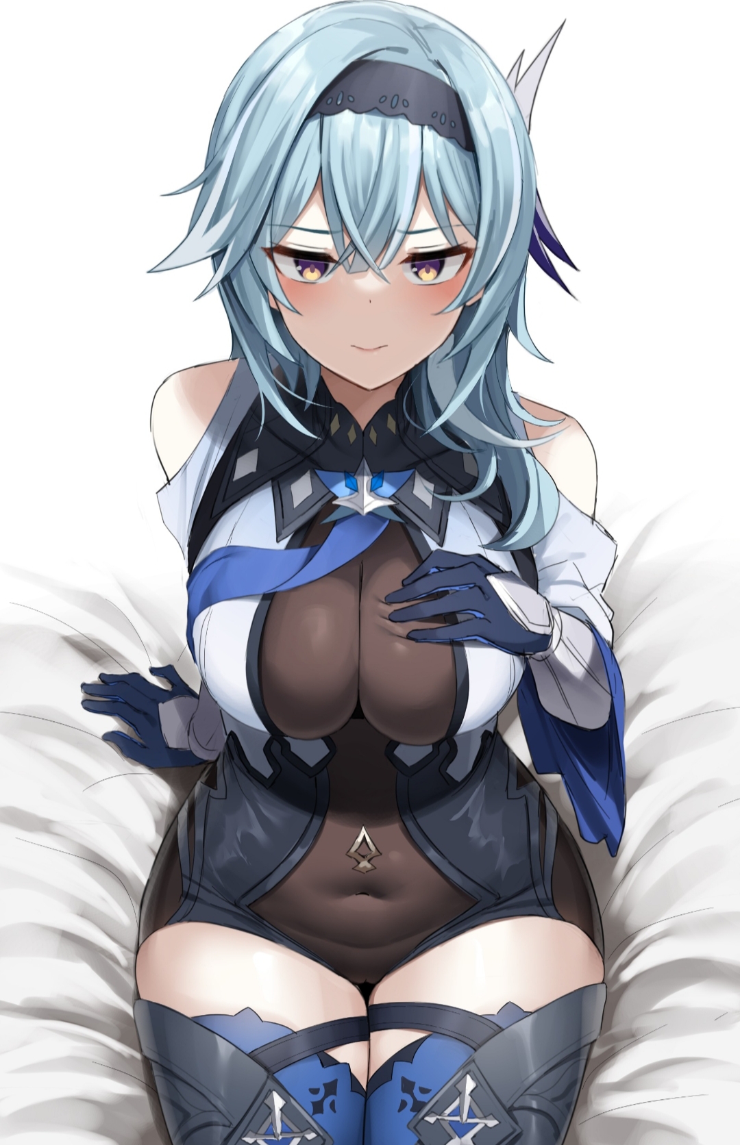 bed, big breasts, boots, breasts, eula (genshin impact), female, genshin impact, large breasts, looking at viewer, nervous smile, thigh boots