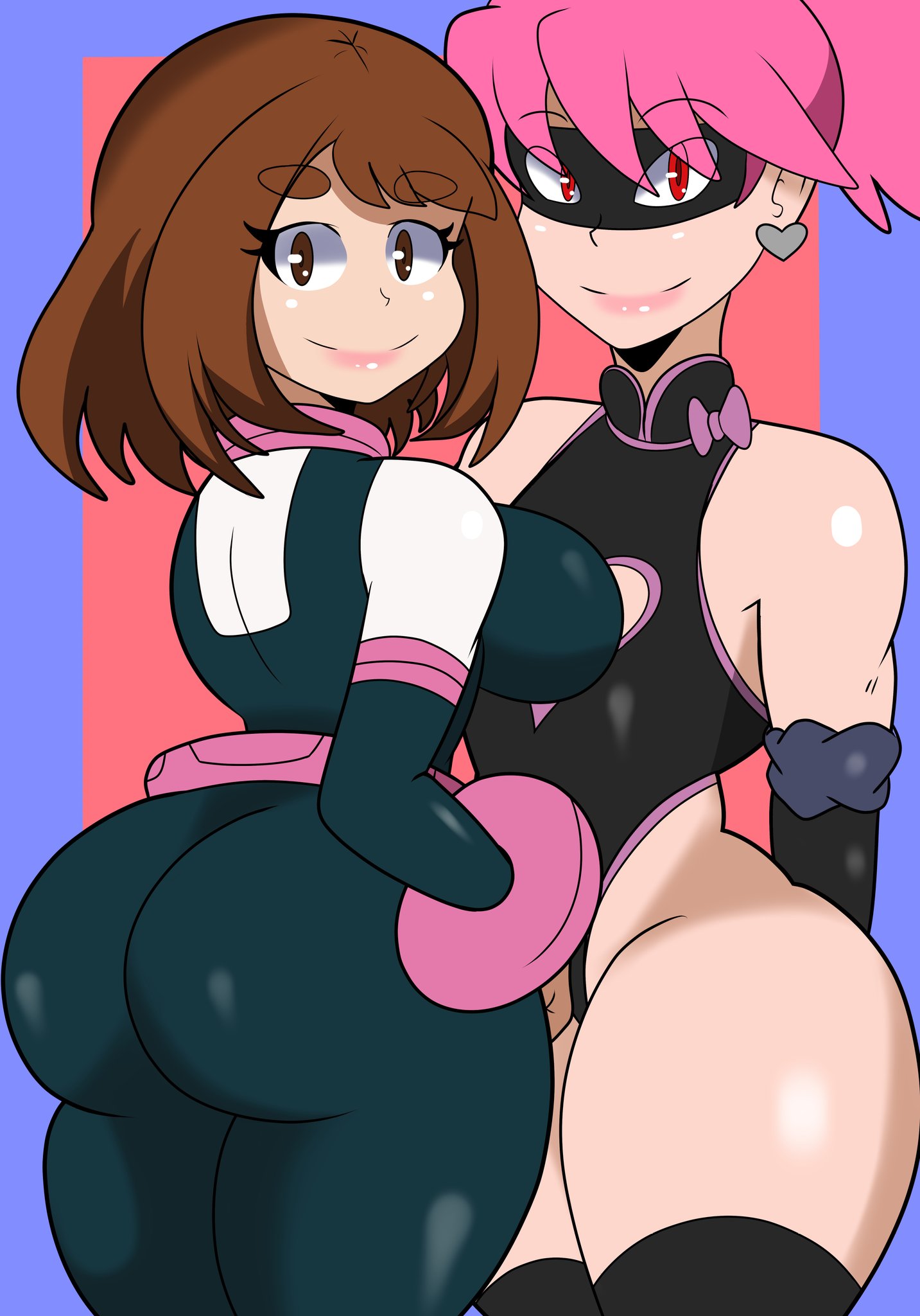 2girls, ass, big ass, big breasts, breasts, brown eyes, brown hair, curvy, female, haneyama kazuho, hero outfit (mha), lipstick, looking at viewer, my hero academia, ochako uraraka, pink hair, pop step, red eyes, shingattai, shounen jump, skimpy clothes, tagme, thick thighs, vigilante: my hero academia illegals