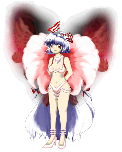 2husamba edit feathers female fujiwara_no_mokou high_heels jewelry medium_breasts official_art pearl_(gem) revealing_clothes samba touhou white_bikini white_hair wings zun_(jun'ya_ota)