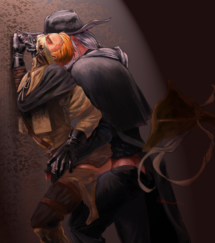 2boys against_wall anal anal_sex bloodborne clothed_sex clothing father_gascoigne from_behind fromsoftware gay gay_sex hat male_only mask old_hunter_henryk pants_down standing