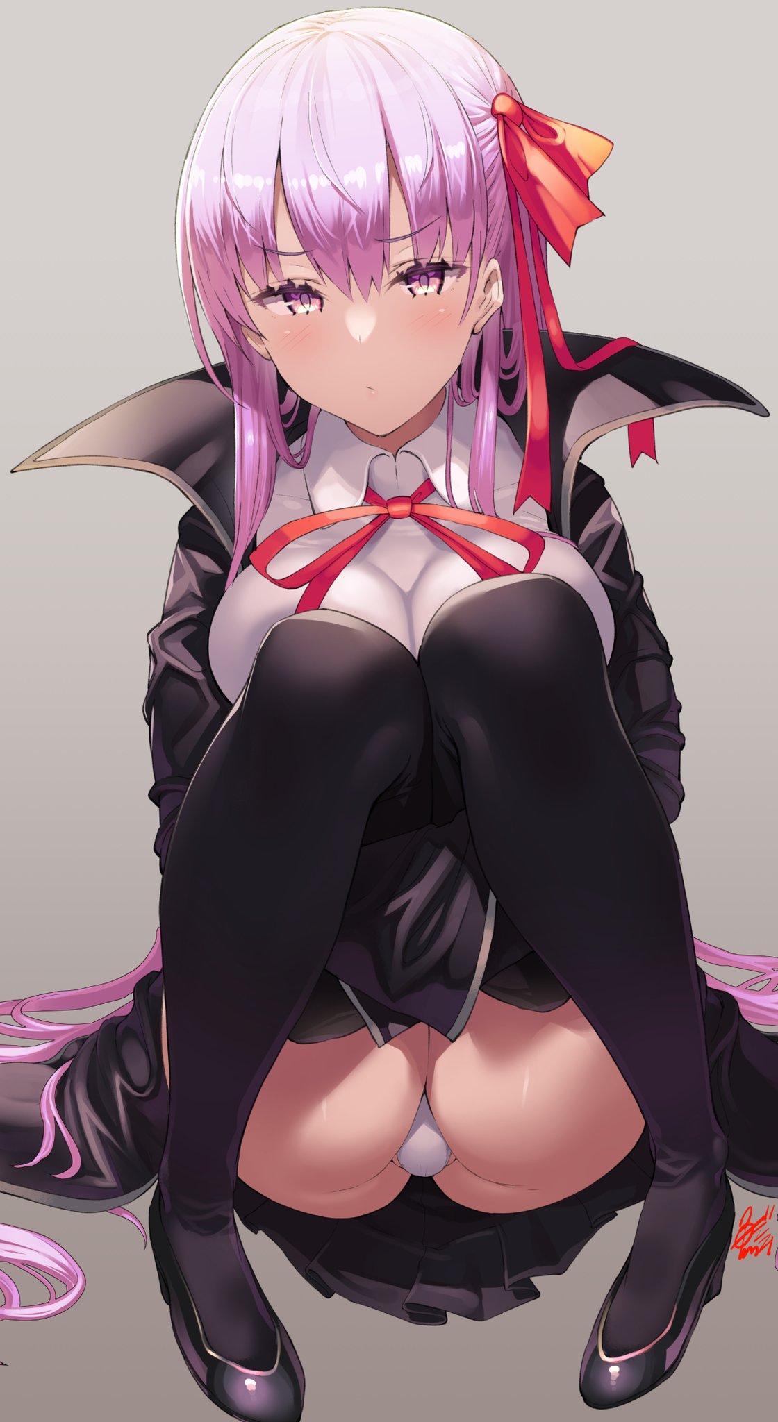 ass, bb (fate), big ass, big breasts, big butt, blush, breasts, fate (series), fate/extra ccc, fate/grand order, female, hair ribbon, huge breasts, leotard, light skin, light-skinned female, long hair, looking at viewer, miniskirt, pale skin, pale-skinned female, purple eyes, purple hair, sitting, squatting, thighhighs, uo denim, upskirt