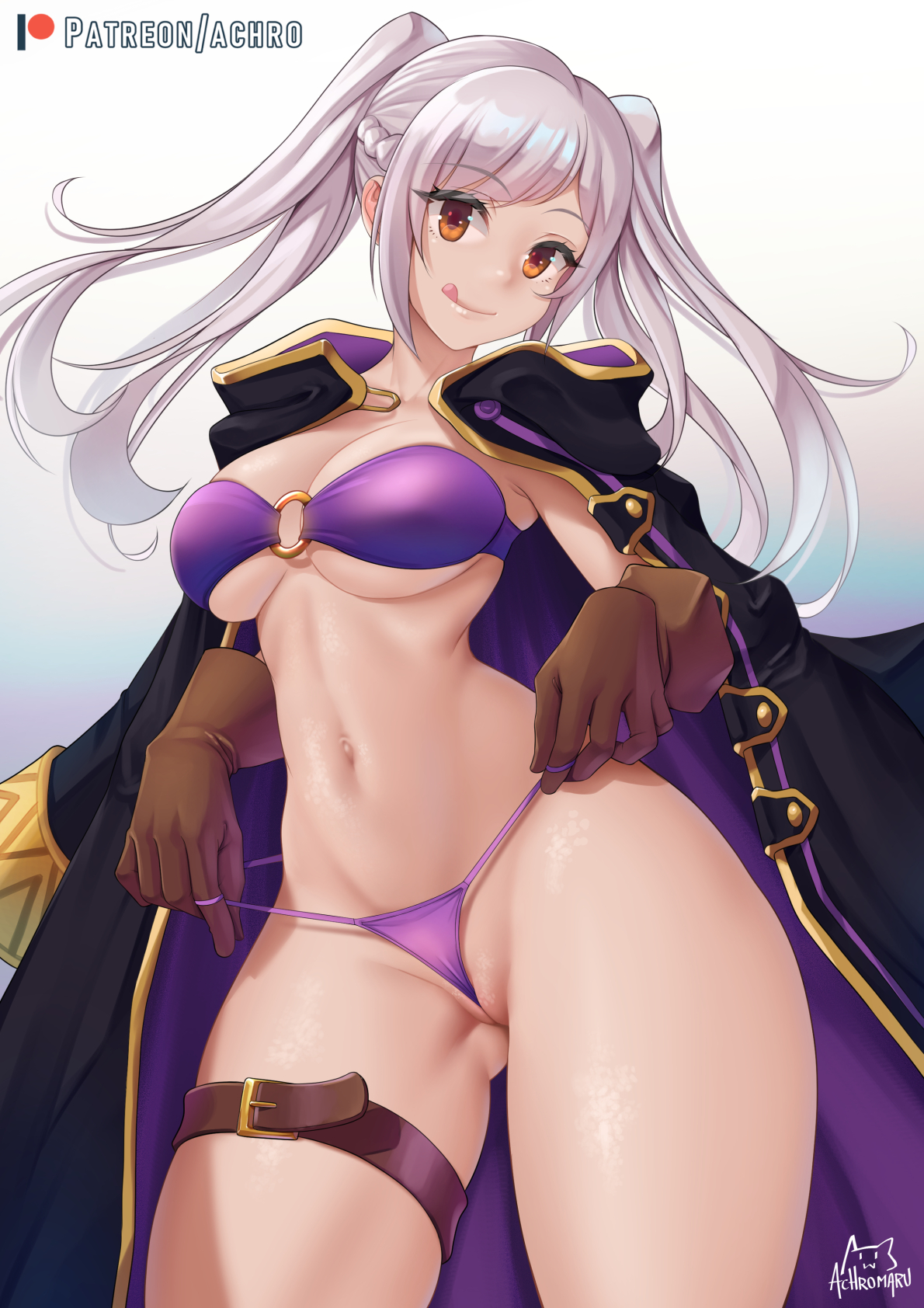 :p, 1girls, achromaru, bikini, breasts, brown eyes, coat, female, fire emblem, fire emblem awakening, fire emblem heroes, grey hair, large breasts, licking lips, looking at viewer, nintendo, o-ring, o-ring bikini, pulling, purple bikini, purple swimsuit, robin (fire emblem), robin (fire emblem) (female), smile, solo, solo female, swimsuit, thick thighs, thin waist, underboob, wide hips