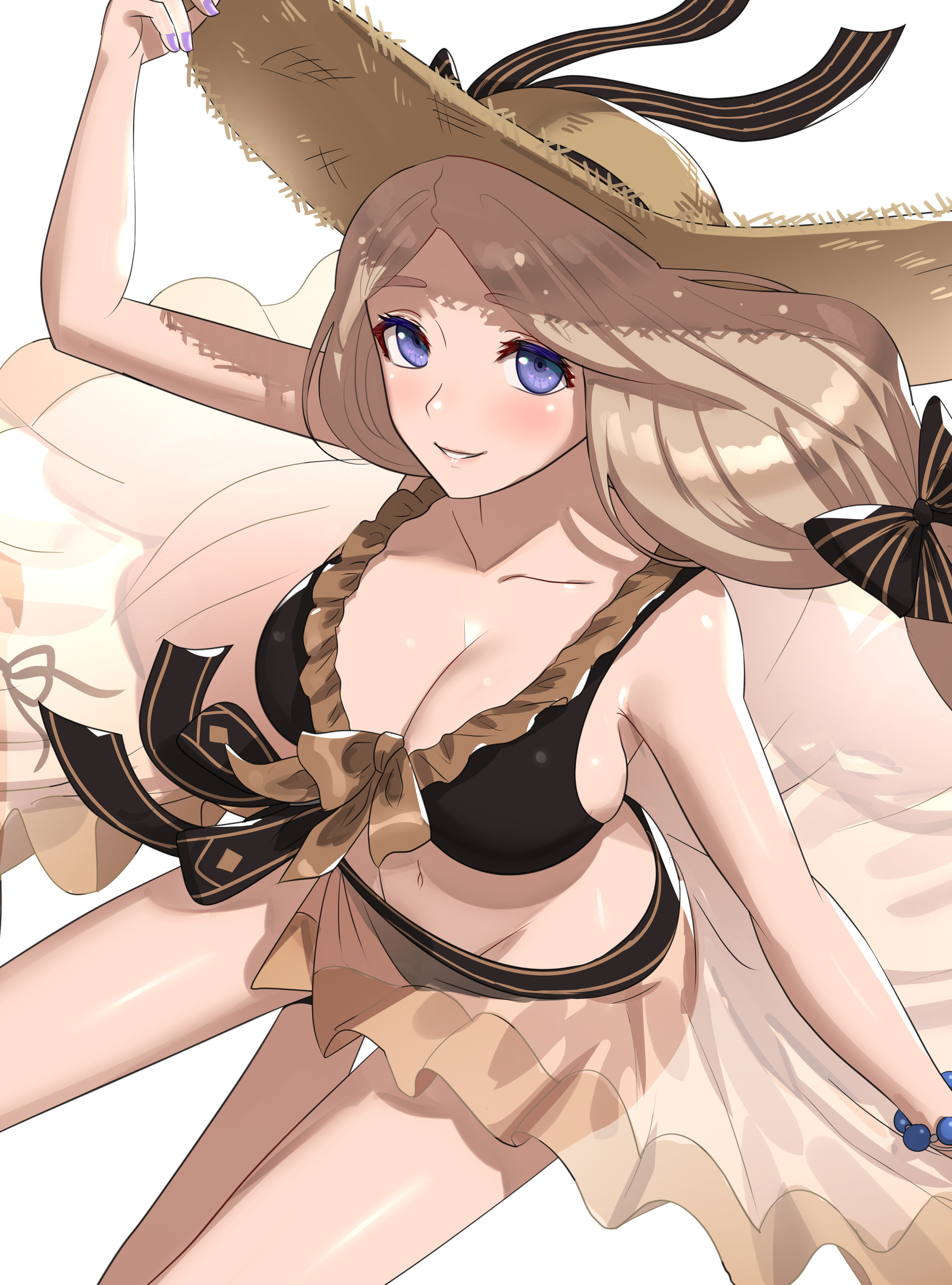 1girls, absurdres, alternate costume, bikini, black bikini, black swimsuit, blonde hair, blue eyes, breasts, cleavage, collarbone, female, fire emblem, fire emblem heroes, fire emblem: three houses, from above, gonzarez, hat, highres, large breasts, long hair, looking at viewer, looking up, mercedes von martritz, mercedes von martritz (summer), nail polish, nintendo, purple nails, sarong, see-through, sideboob, skindentation, smile, solo, solo female, sun hat, swimsuit