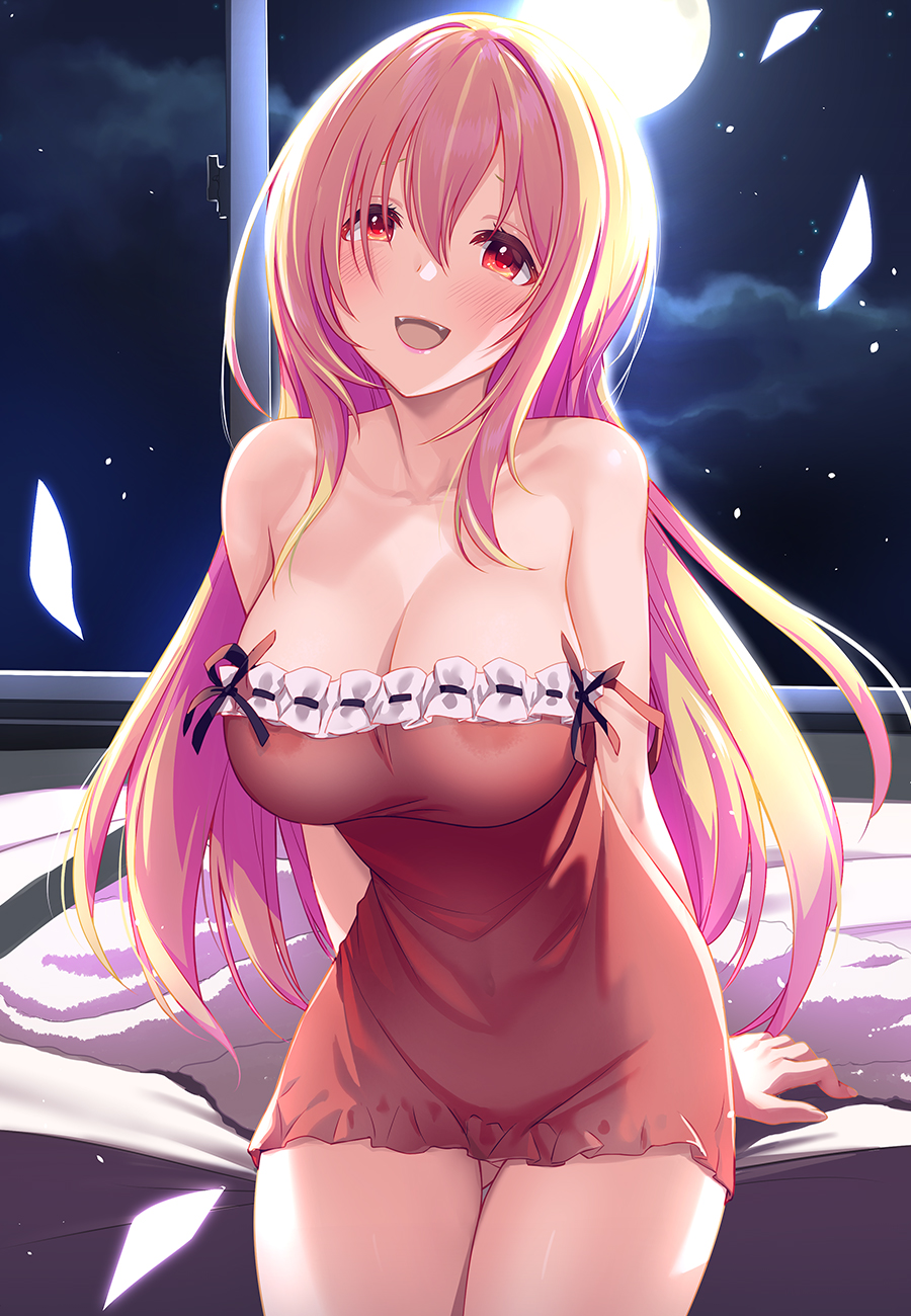1girls, areolae, arms behind back, bangs, bare shoulders, bed, blonde hair, blush, breasts, cleavage, collarbone, fangs, female, frills, full moon, highres, idolmaster, idolmaster cinderella girls, indoors, kurosaki chitose, large breasts, long hair, looking at viewer, mk (mod0), moon, moonlight, navel, night, nipple slip, nipples, no panties, open mouth, petals, red eyes, ribbon, see-through, shiny, sidelocks, sitting, smile, solo, towel, wavy hair, window