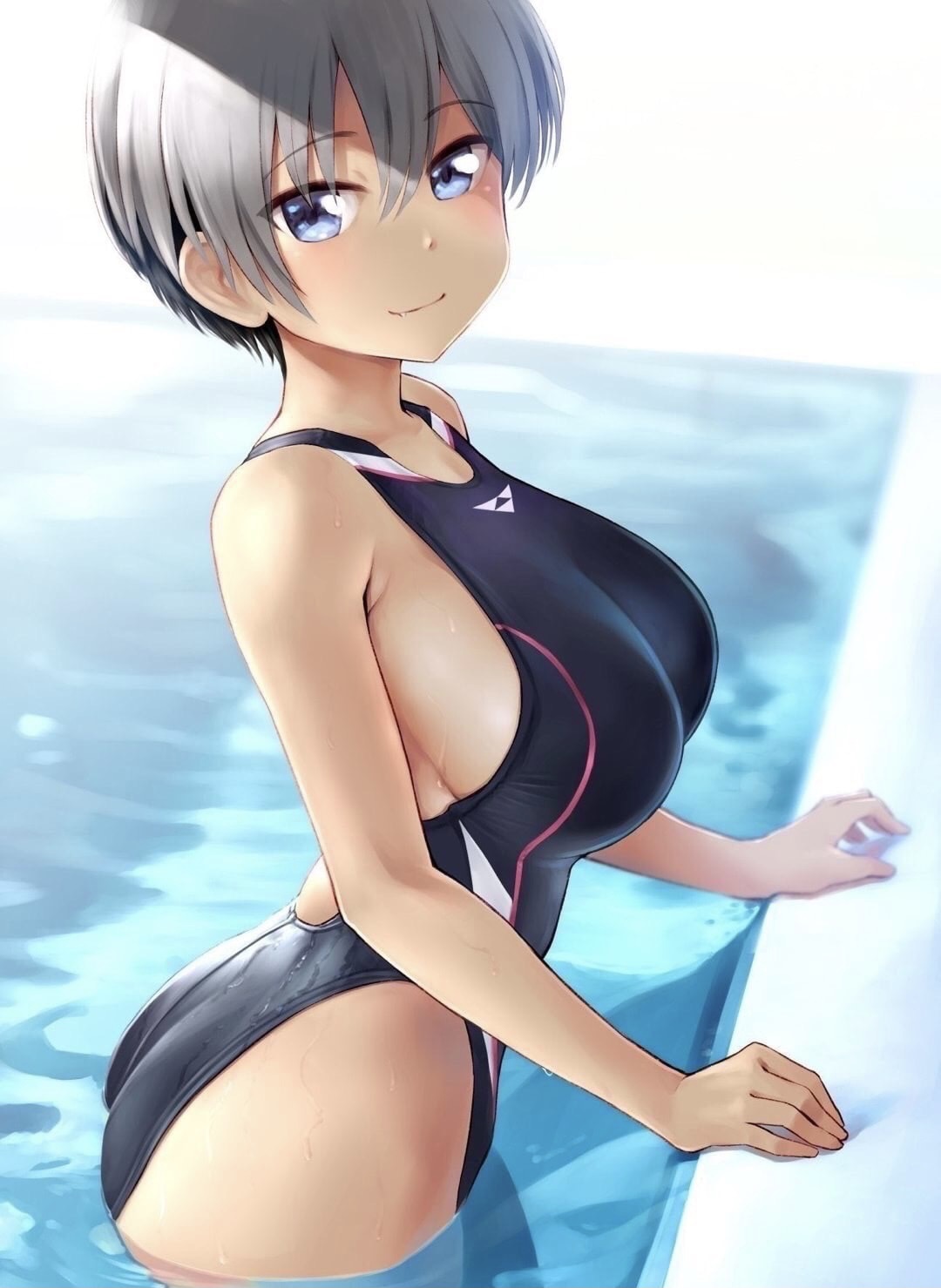 1girls, ass, big ass, big breasts, blue eyes, breasts, female, female only, hi res, high resolution, highres, one-piece swimsuit, pool, short hair, sideboob, smile, smiling, solo, swimsuit, tagme, thick thighs, uzaki hana, uzaki-chan wa asobitai!, very short hair