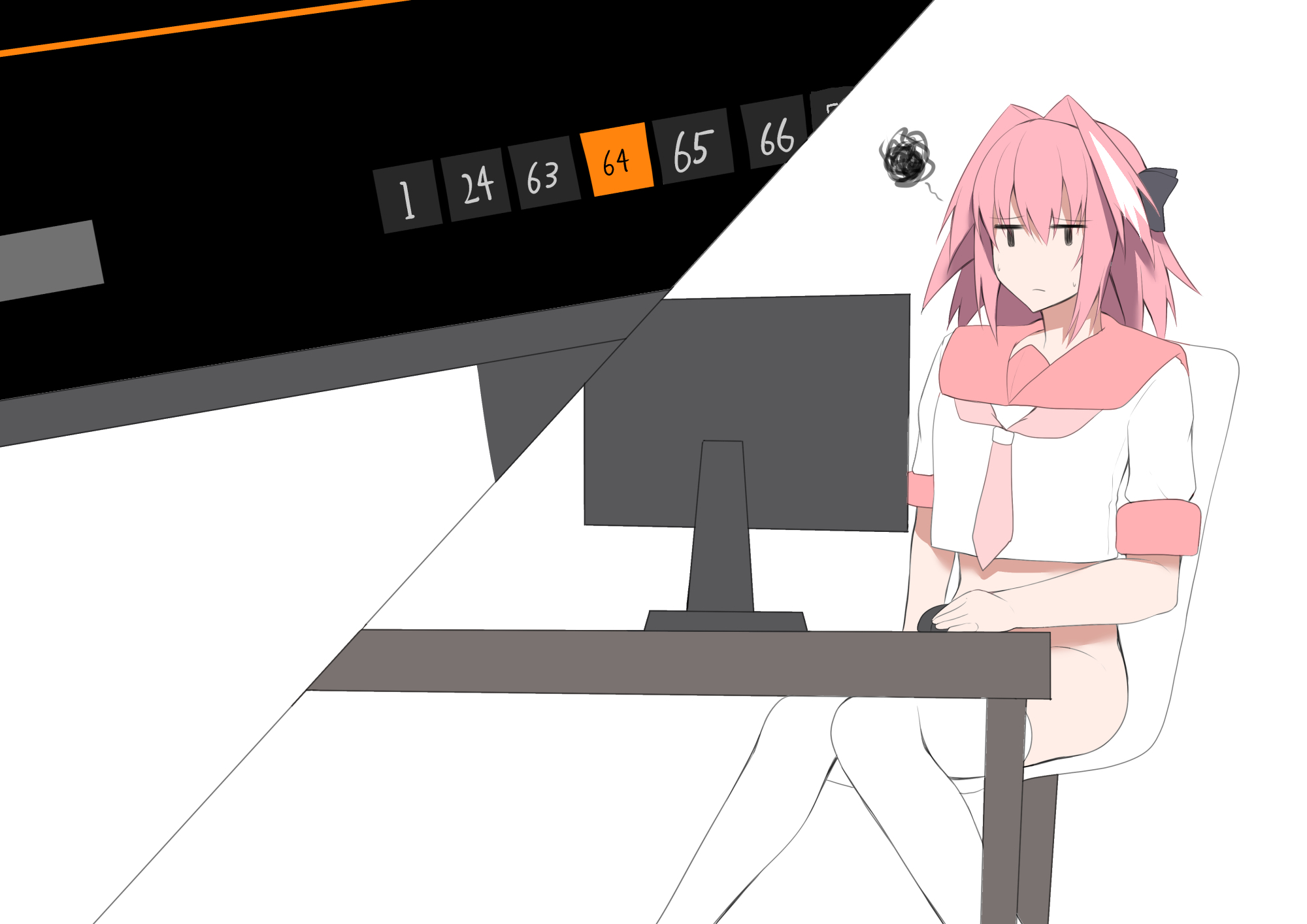 1boy, 2021, absurd res, astolfo (fate), bare arms, bow, chair, computer, computer mouse, crossdressing, desk, fate (series), fate/grand order, femboy, hair ribbon, highlights, highres, humor, kitajima yuuki, long hair, looking at porn, male, meme, no panties, pink hair, pornhub, ribbon, school uniform, serafuku, simple background, sitting, squiggle, sweat, thighhighs, thighs, trap, white background, white highlights
