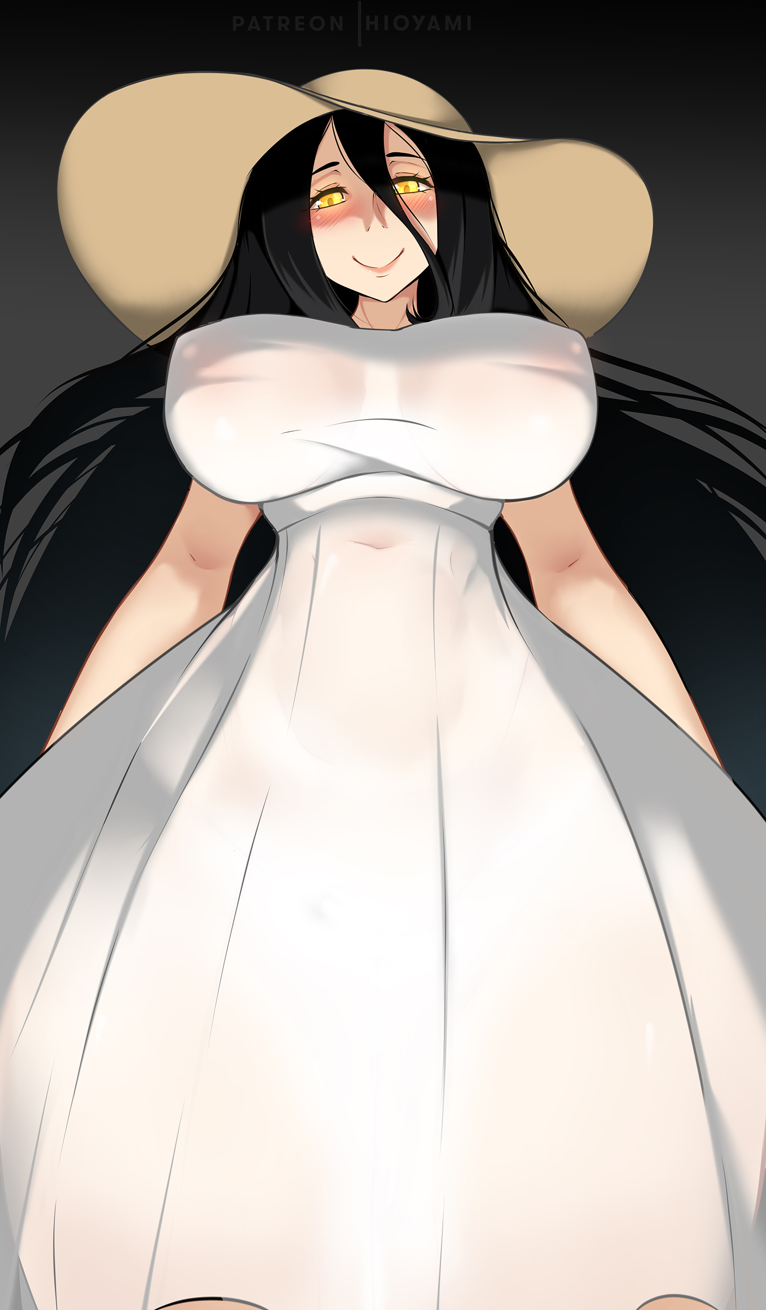 1girls, big breasts, black hair, blush, breasts, eye contact, female, hasshaku-sama, hat, hioyami, huge breasts, japanese mythology, large breasts, larger female, long hair, looking at viewer, looking down, nipple bulge, smile, solo, standing, voluptuous, yellow eyes