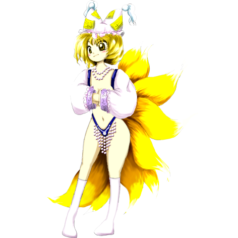 2husamba blonde_hair blue_bikini detached_sleeves edit feathers female fox_tail kitsune medium_breasts official_art pearls ran_yakumo revealing_clothes samba socks touhou yellow_eyes zun_(jun'ya_ota)