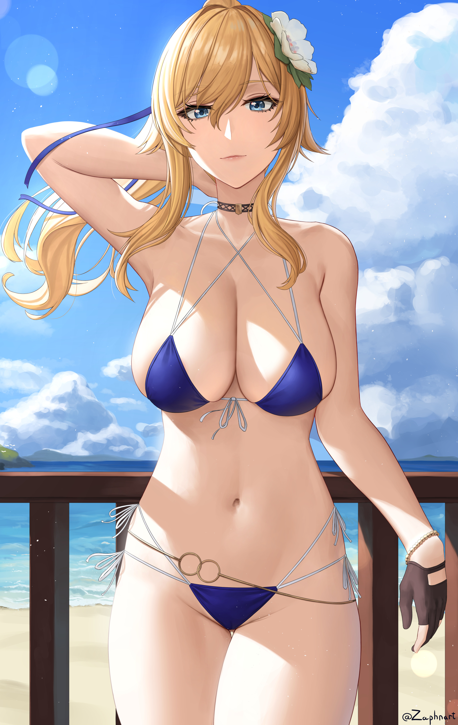 1girls, big breasts, bikini, blonde hair, blue eyes, breasts, female, female only, genshin impact, hair ornament, hand behind head, jean gunnhildr, large breasts, looking at viewer, midriff, ponytail, side-tie bikini, solo, solo female, swimsuit, thick, thick thighs, thighs, zaphn