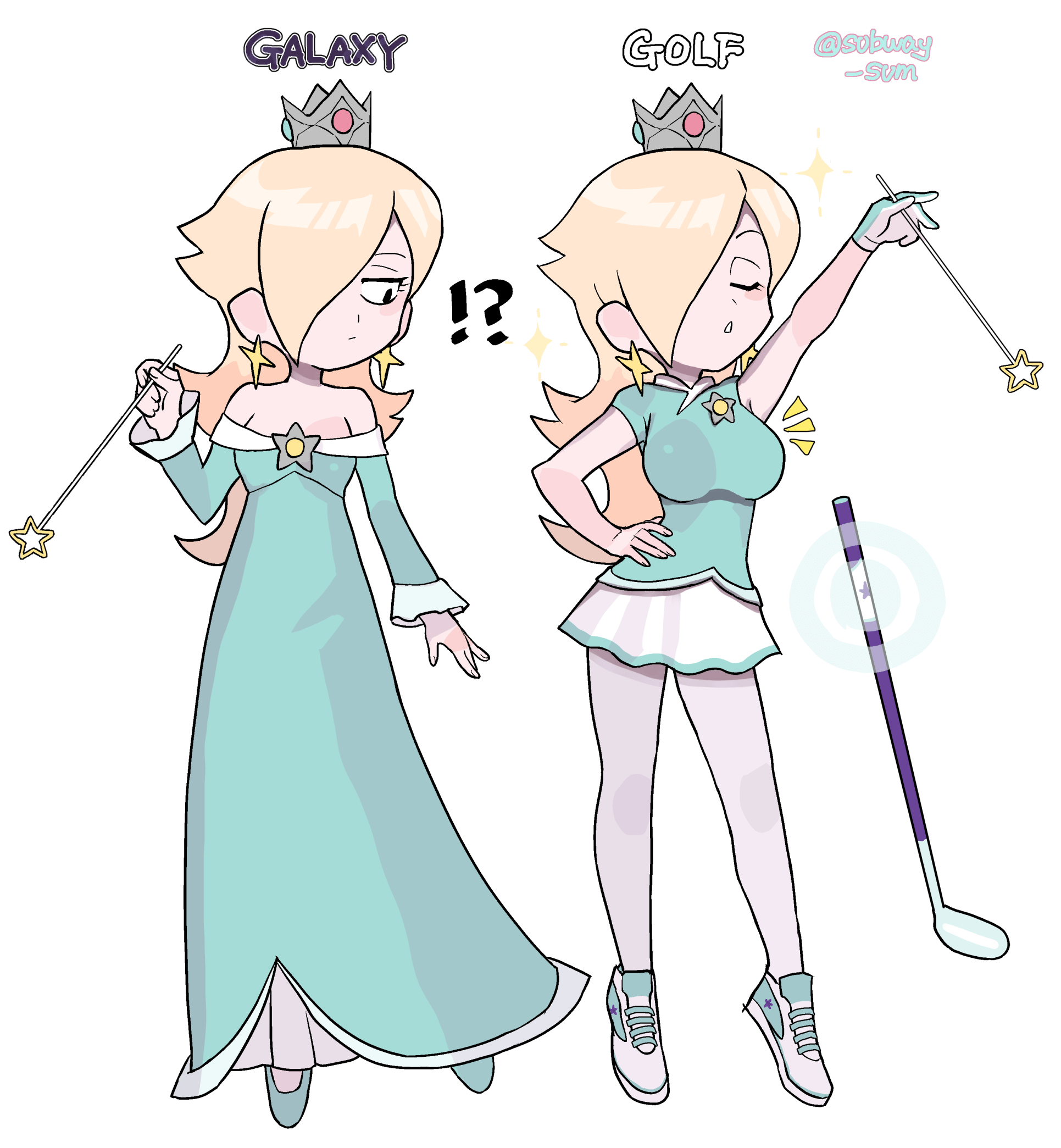 !?, 2021, 2girls, absurd res, artist name, bare arms, bare shoulders, basket, black eyes, blonde hair, blue clothing, blue dress, blue gloves, breasts, cleavage, closed eyes, clothed, clothing, copyright name, crown, dress, dual persona, earrings, female, female only, flat chest, floating, frilled skirt, frills, gloves, golf club, hair over one eye, half-closed eyes, hand on hip, heels, highres, holding wand, jewelry, large breasts, long hair, looking at another, looking at breasts, magic, mario (series), mario golf, miniskirt, multiple females, multiple girls, nintendo, open mouth, pantyhose, png, princess dress, princess rosalina, princess rosalina (super rush), shirt, shoes, signature, simple background, single glove, skirt, sparkle, square crossover, standing, star, subway sum, super mario galaxy, taut clothes, taut shirt, twitter username, wand, white background