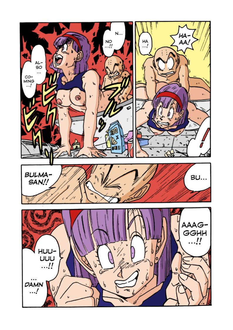 1boy, 1girls, bald, breasts, bulma briefs, bulma briefs (frieza saga), coloured, comic, crop top, dragon ball, dragon ball z, english text, female, from behind, gritted teeth, hairband, krillin, kuririn, male, naked, nipples, nude, nude male, ogata satomi, partially clothed, pleasure face, purple eyes, purple hair, sex, sweat