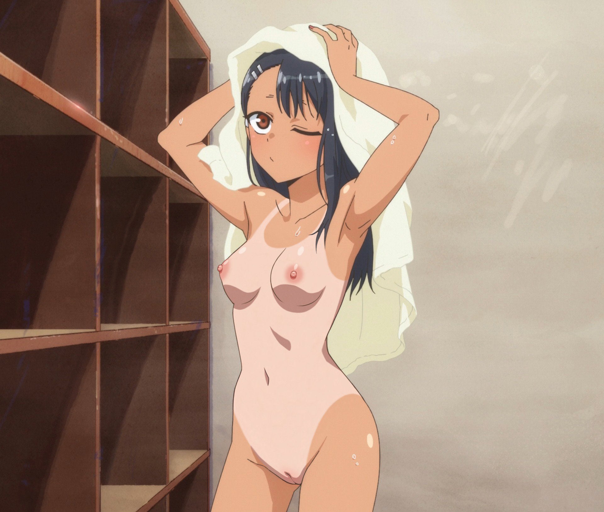1girls, 774 (nanashi), after shower, armpits, arms up, black hair, blush, breasts, brown eyes, edit, female, female focus, female only, hayase nagatoro, hi res, long hair, medium breasts, nipples, nude, nude female, orange eyes, please don't bully me, nagatoro, pussy, simple background, small breasts, smile, solo, tanline, uncensored, unknown editor, watermark, wink