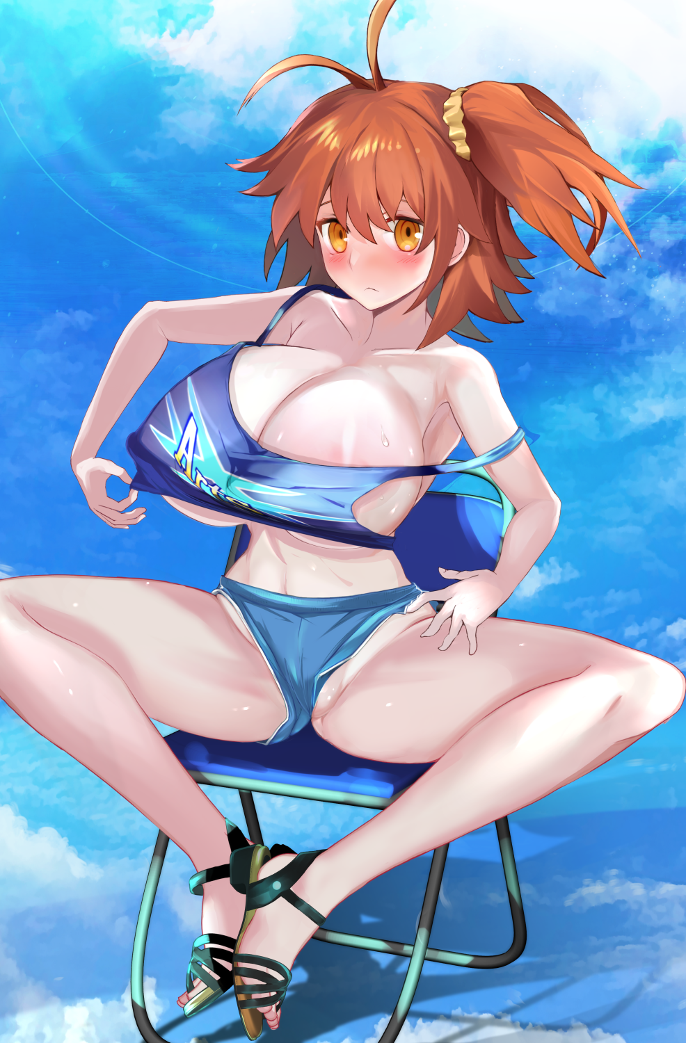 1girls 2021 ahoge alternate_breast_size areola_slip areolae armpits asymmetrical_hair bare_legs blue_sky blue_tank_top blush blushing_profusely booty_shorts breasts chair cleavage clouds embarrassed fate/grand_order fate_(series) female female_focus female_only folding_chair fujimaru_ritsuka_(female) gudako hair_scrunchie heels_together huge_breasts jean_shorts koohii_koucha_maru large_areolae large_breasts legs_apart legs_open legs_spread looking_forward medium_hair orange_eyes orange_hair sandals short_shorts shorts side_ponytail simple_background sitting tank_top tank_top_down thick_thighs thighs tight_clothing tight_fit