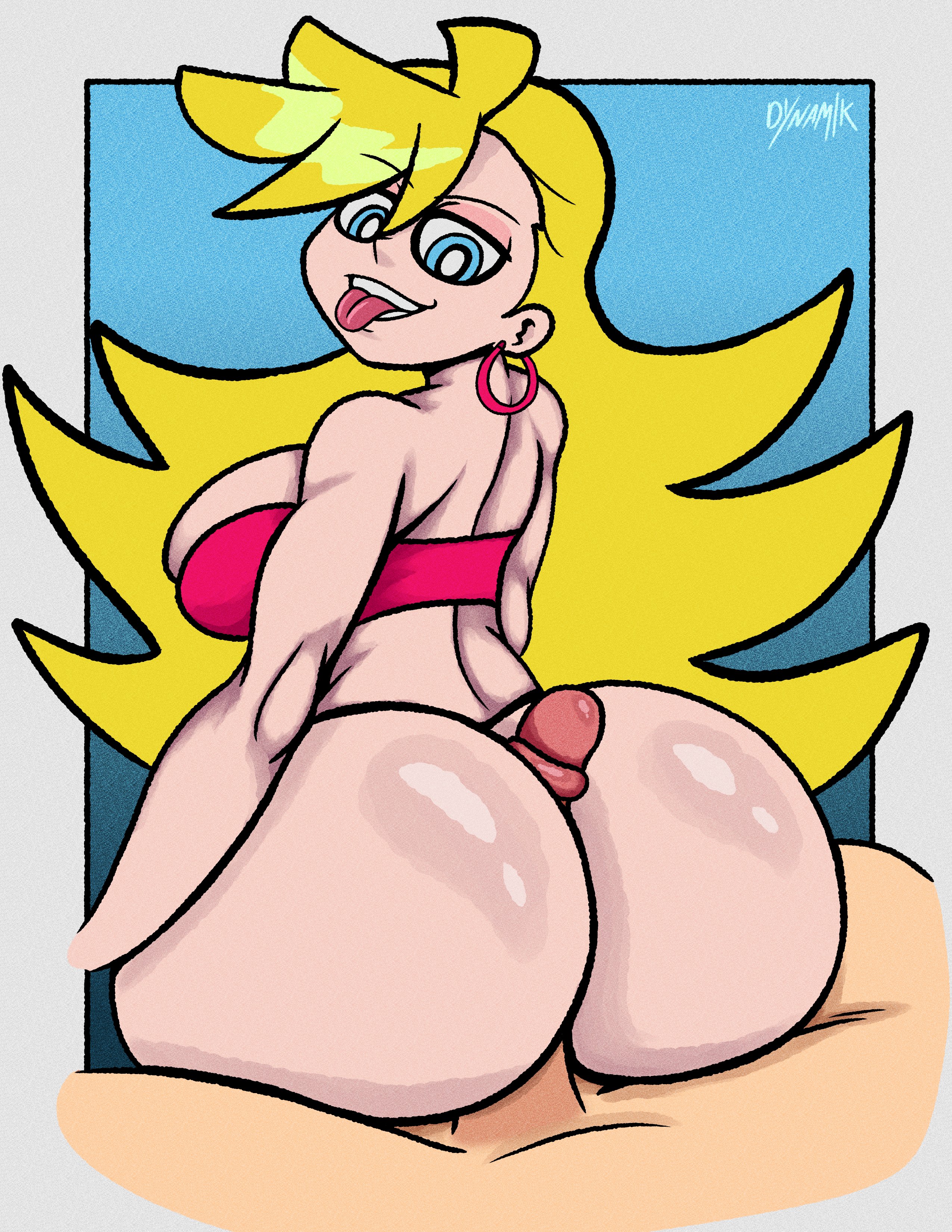 1boy, 1girls, ass, assjob, big ass, big butt, blonde hair, blue eyes, bubble ass, bubble butt, buttjob, covered assjob, covered buttjob, dynamik808, female, hot dogging, male, male/female, panty & stocking with garterbelt, panty anarchy, smiling, spiky hair, tongue, tongue out