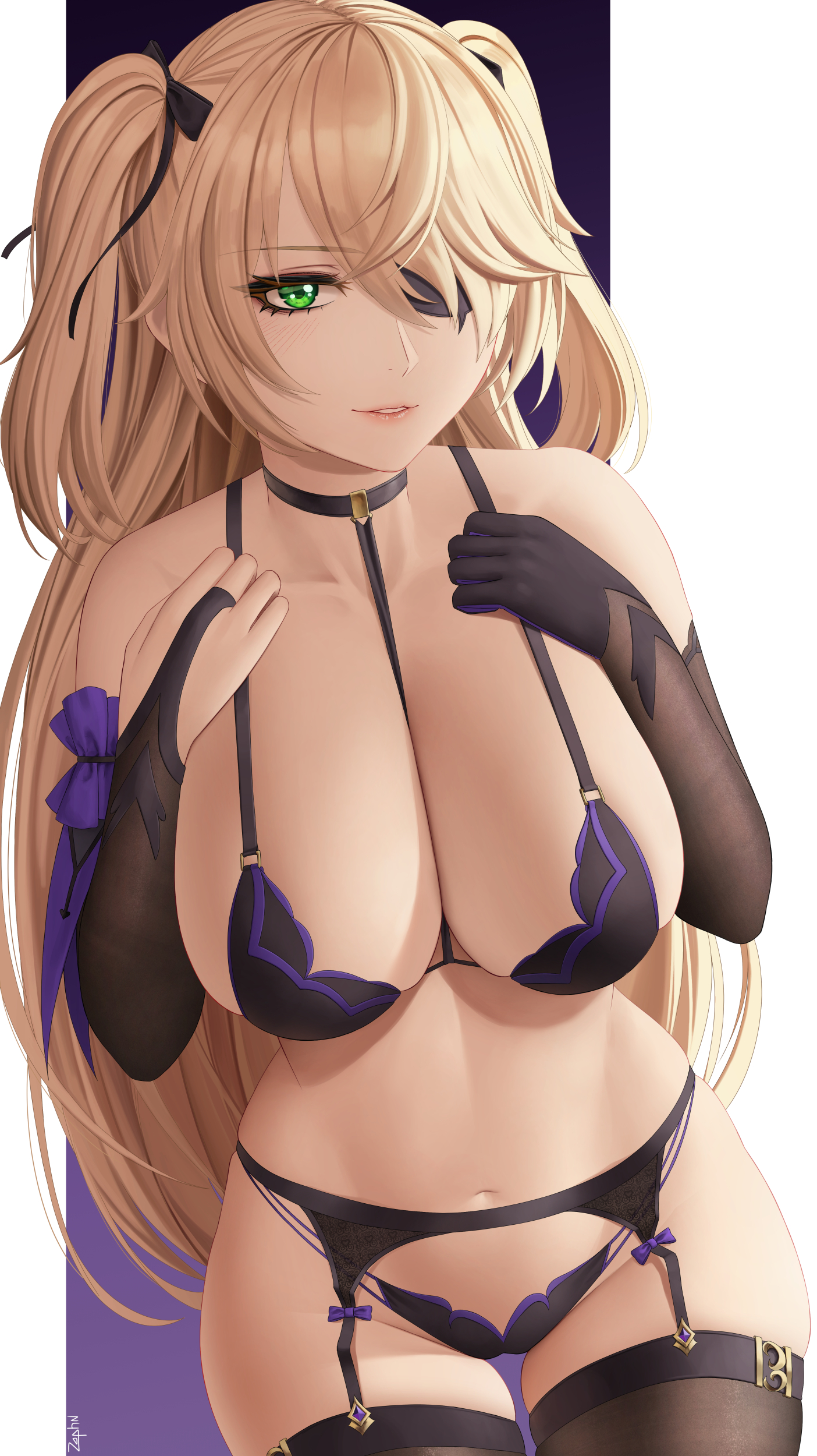 1girls, big breasts, blonde hair, breasts, eye patch, female, female only, fischl (genshin impact), garter belt, genshin impact, green eyes, large breasts, lingerie, looking at viewer, solo, solo female, thick, thighhighs, twintails, voluptuous, zaphn
