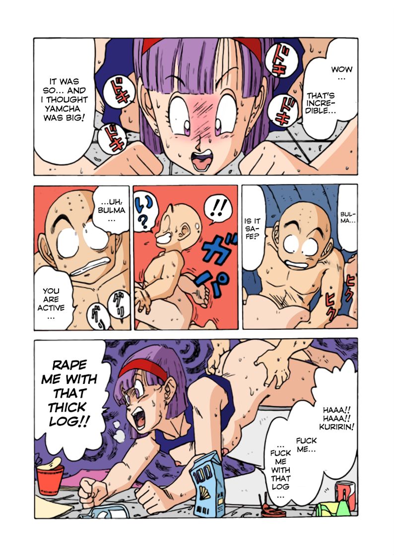 1boy 1girls after_sex bald blush bulma_briefs bulma_briefs_(frieza_saga) coloured comic crop_top dragon_ball dragon_ball_z english_text female from_behind hairband krillin kuririn legs_around_partner legs_around_waist male naked nude nude_male ogata_satomi partially_clothed purple_eyes purple_hair rough_sex sex size_difference